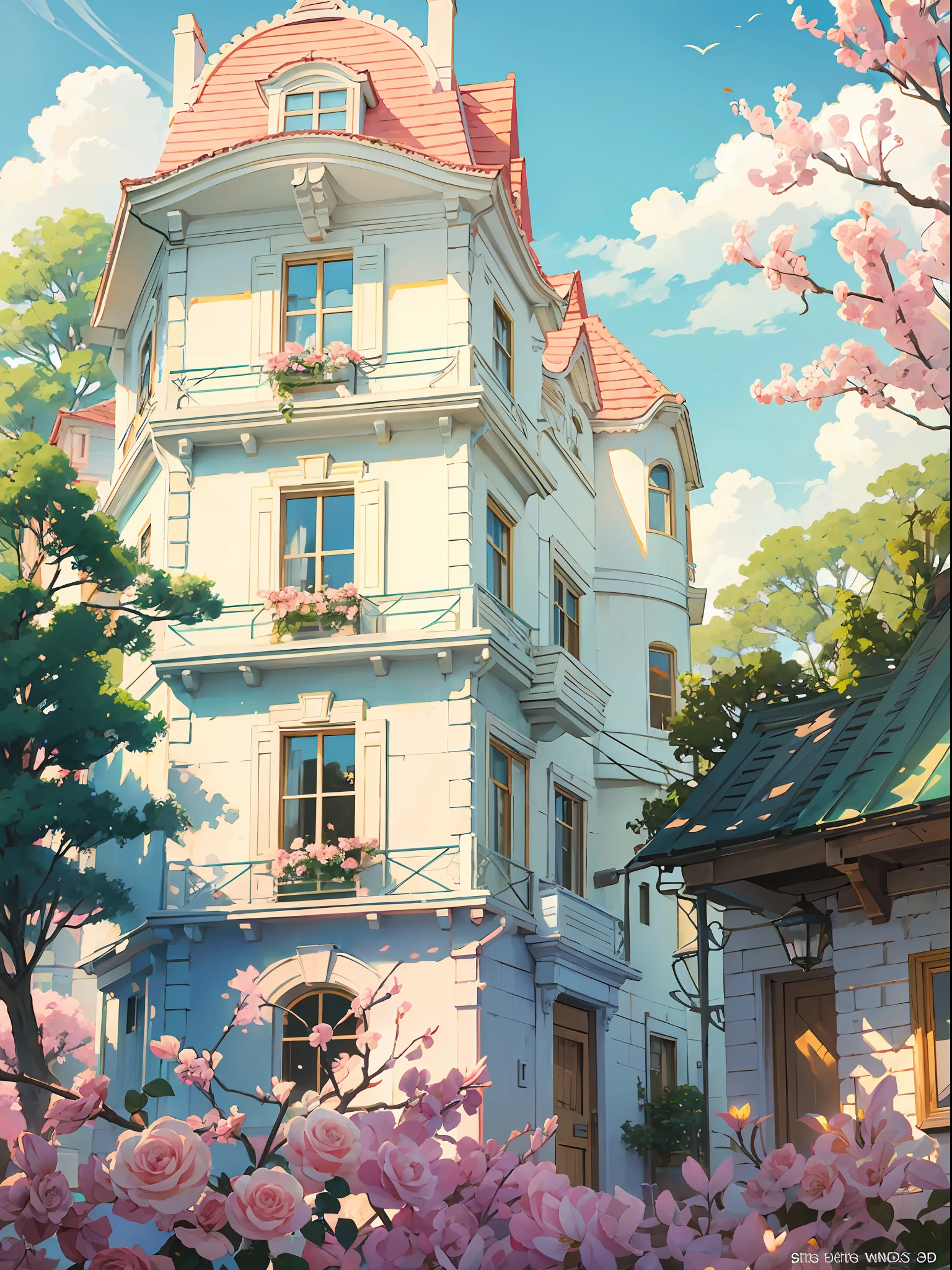 Painting of three-story small western-style building, white walls, light green doors and windows, pink rose flowers, flower vines, anime background art, relaxation concept art, anime landscape concept art, very detailed scenes, beautiful artwork illustrations, highly detailed scenes, environmental design illustrations, beautiful anime scenes, anime landscapes, detailed soft paintings, environmental painting 3D wind --auto --s2