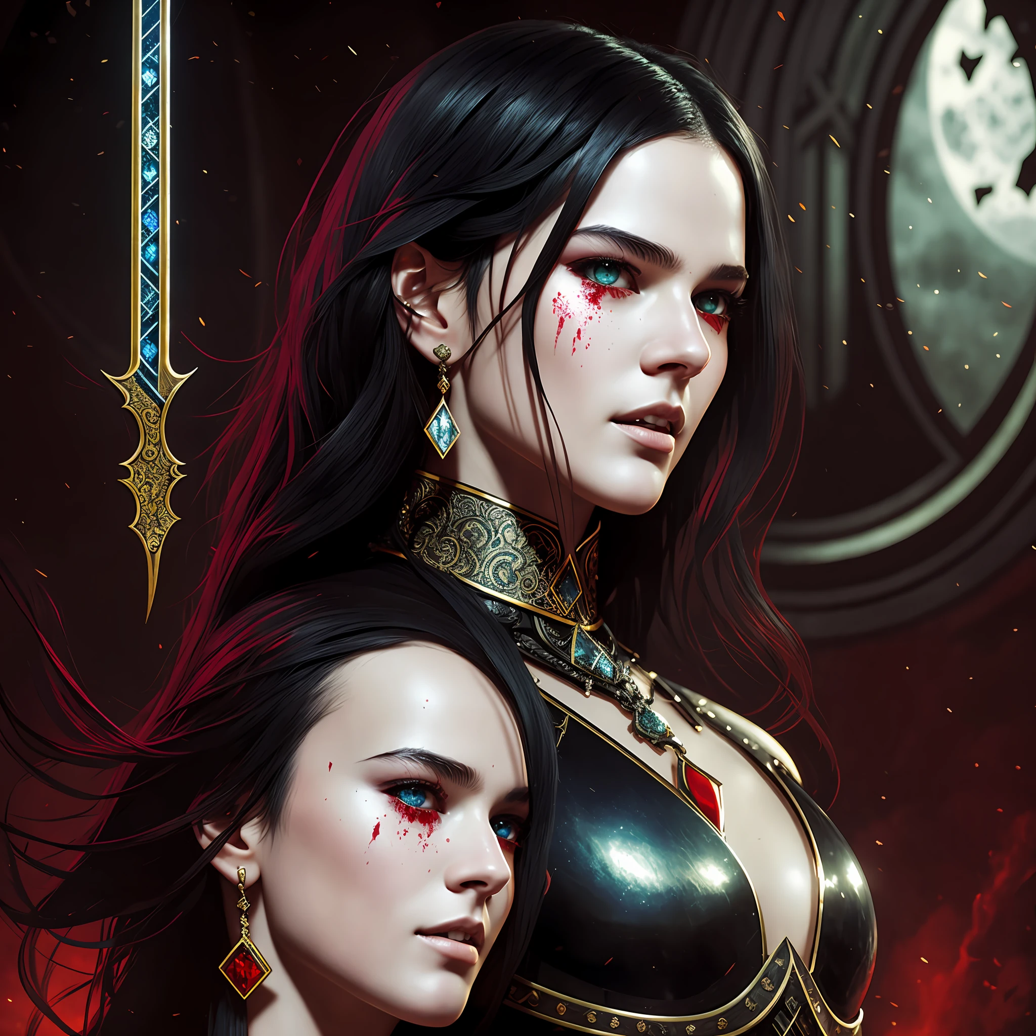 Human with black hair and seductive look, red eyes, black armor covering everything up to her neck, extremely beautiful, inspired by Bruna Marquezine, holding a bloodied dagger, pale skinned, heart painting majestic oil professional by Ed Blinkey, Atey Ghailan, Studio Ghibli, by Jeremy Mann, Greg Manchess, Antonio Moro, trend at ArtStation, trend at CGSociety, Intricate,  High Detail, Sharp Focus, Dark Background Inside Ruined Church with the Moon in the Background of a Stained Glass Window, Horror Style