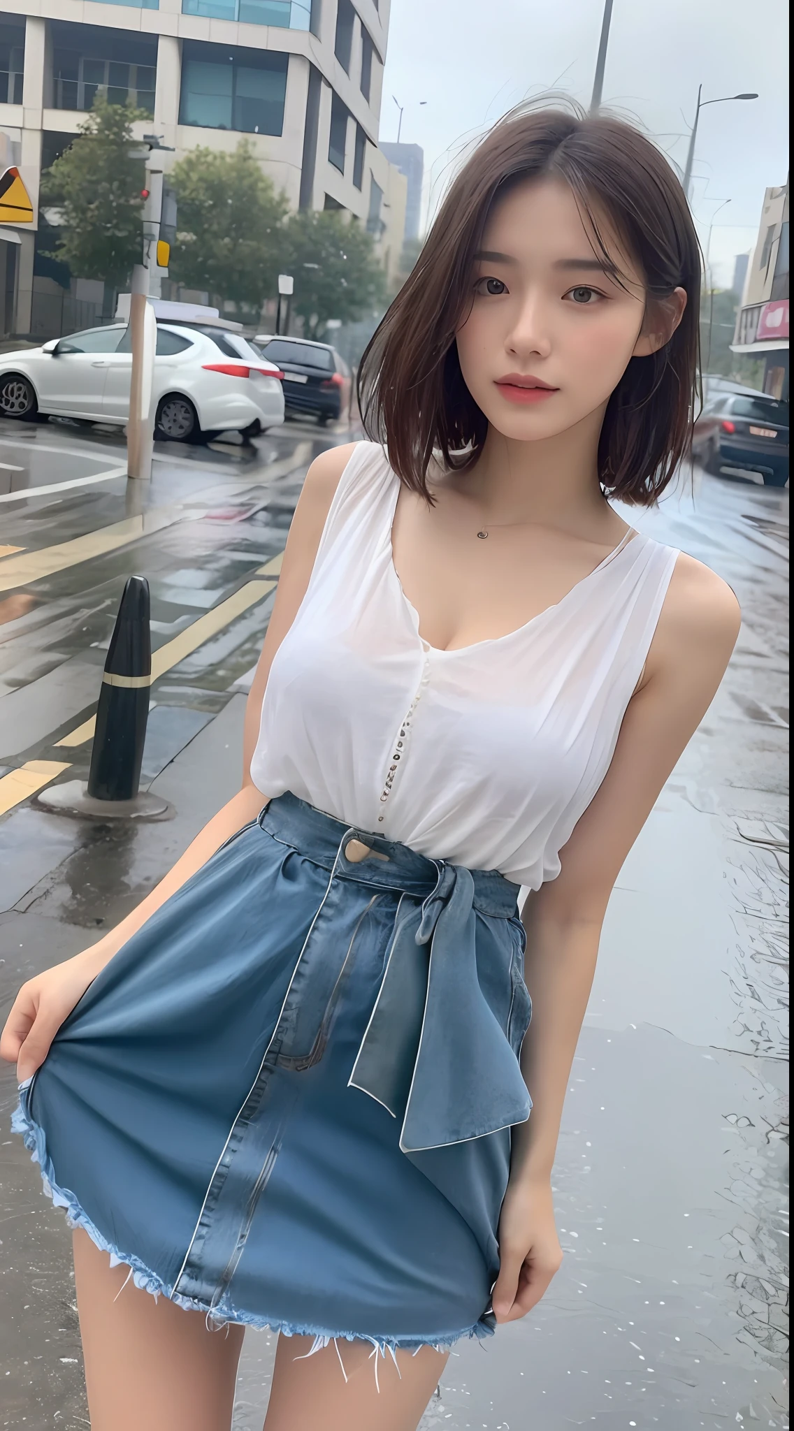 ((Best Quality, 8K, Masterpiece:1.3)), Focus: 1.2, Perfect Body Beauty: 1.4, Buttocks: 1.2, ((Layered Haircut, Breasts: 1.2)), (Wet Clothes: 1.1) , (Rain, Street:1.3), Bandeau Dress: 1.1, Highly Detailed Face and Skin Texture, Delicate Eyes, Double Eyelids, Whitened Skin, Long Hair
