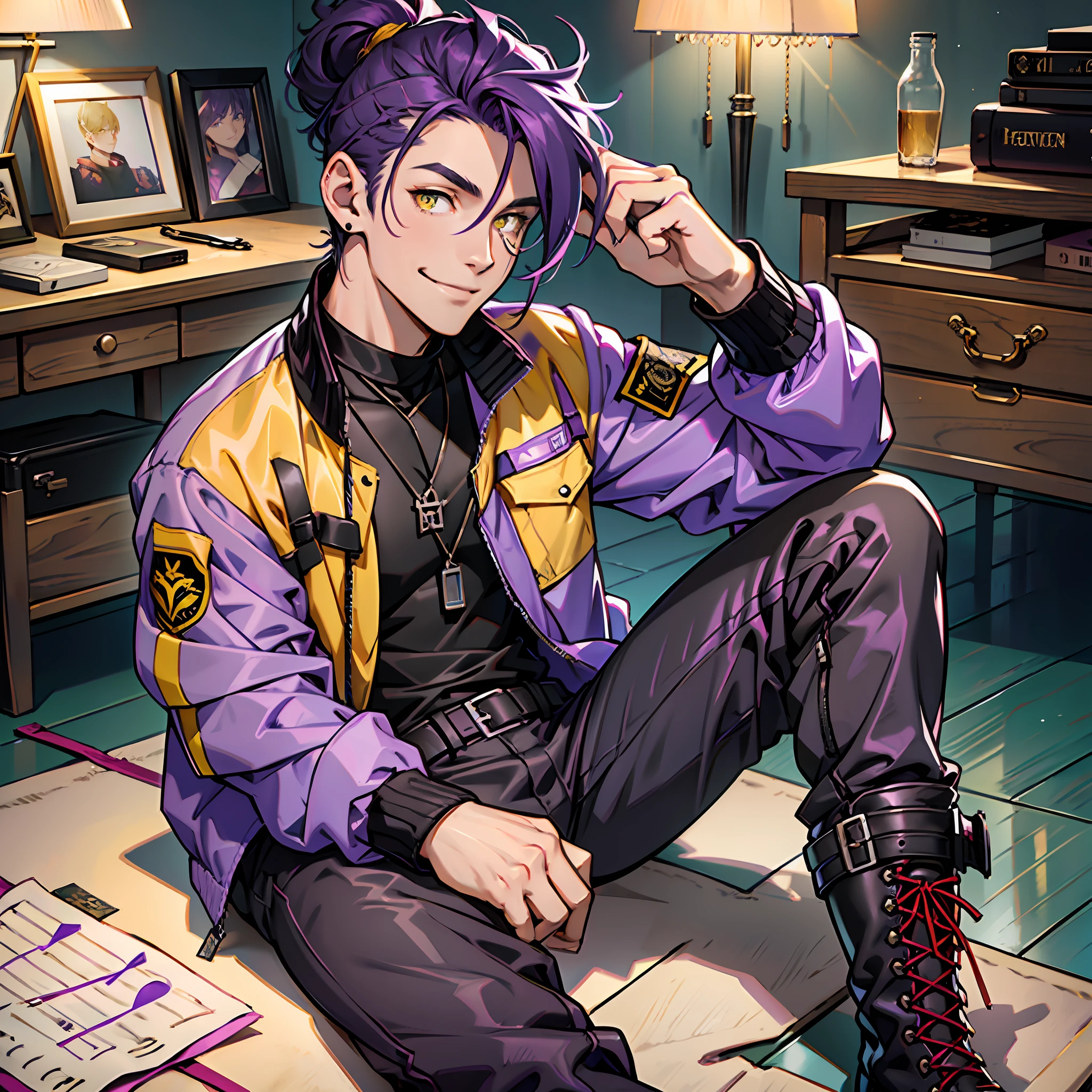 age man, gorgeous, defined body, violet colored hair, short straight hair, hair up to neck height, bangs, yellow colored eyes, purple jacket, red blouse under the windbreaker, holding a violin, black military boots, smiling, pendant of musical note, long pants of black color, bedroom.