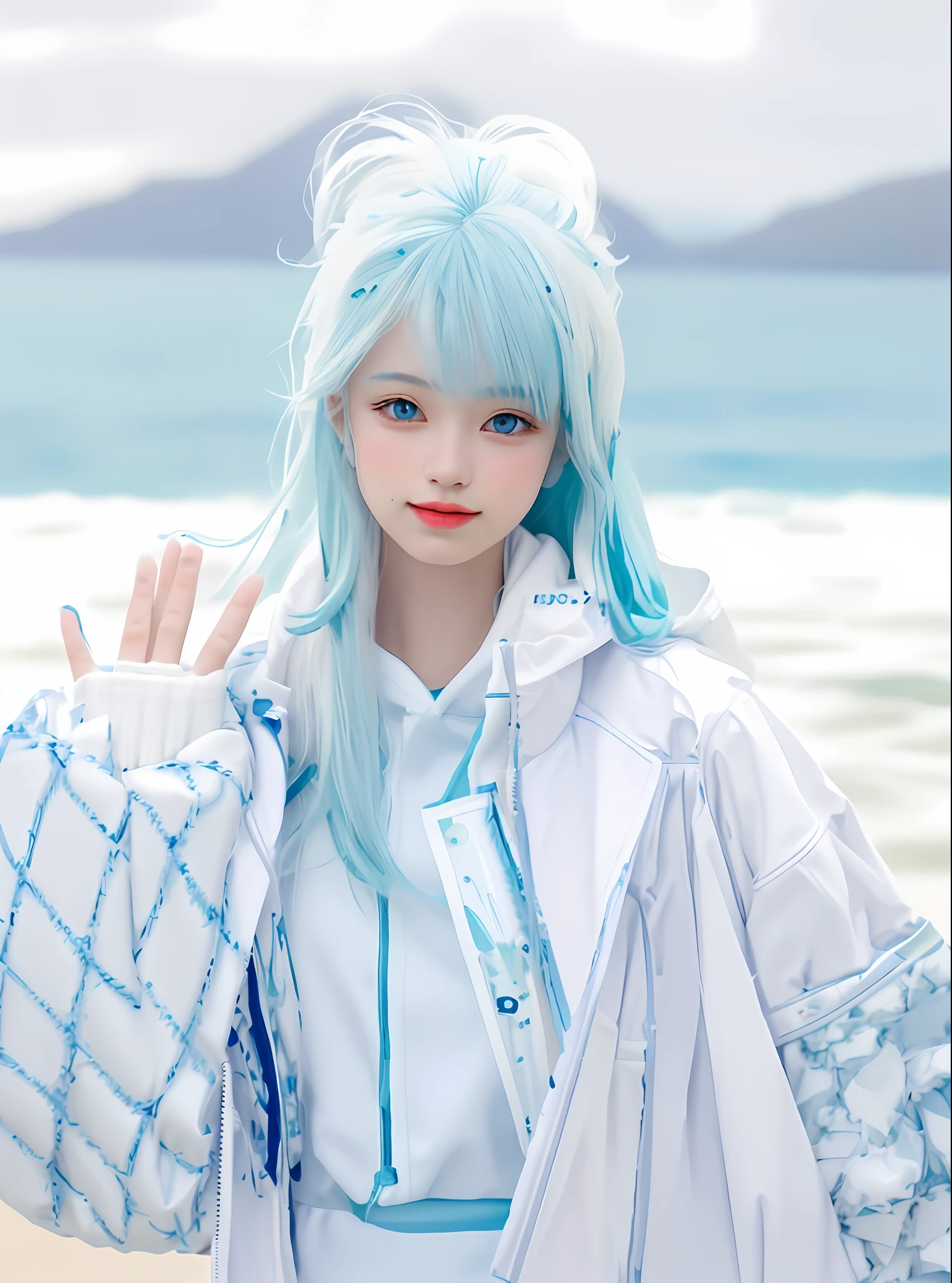 Beautiful girl, sea ​​blue hair and white tips, white jacket