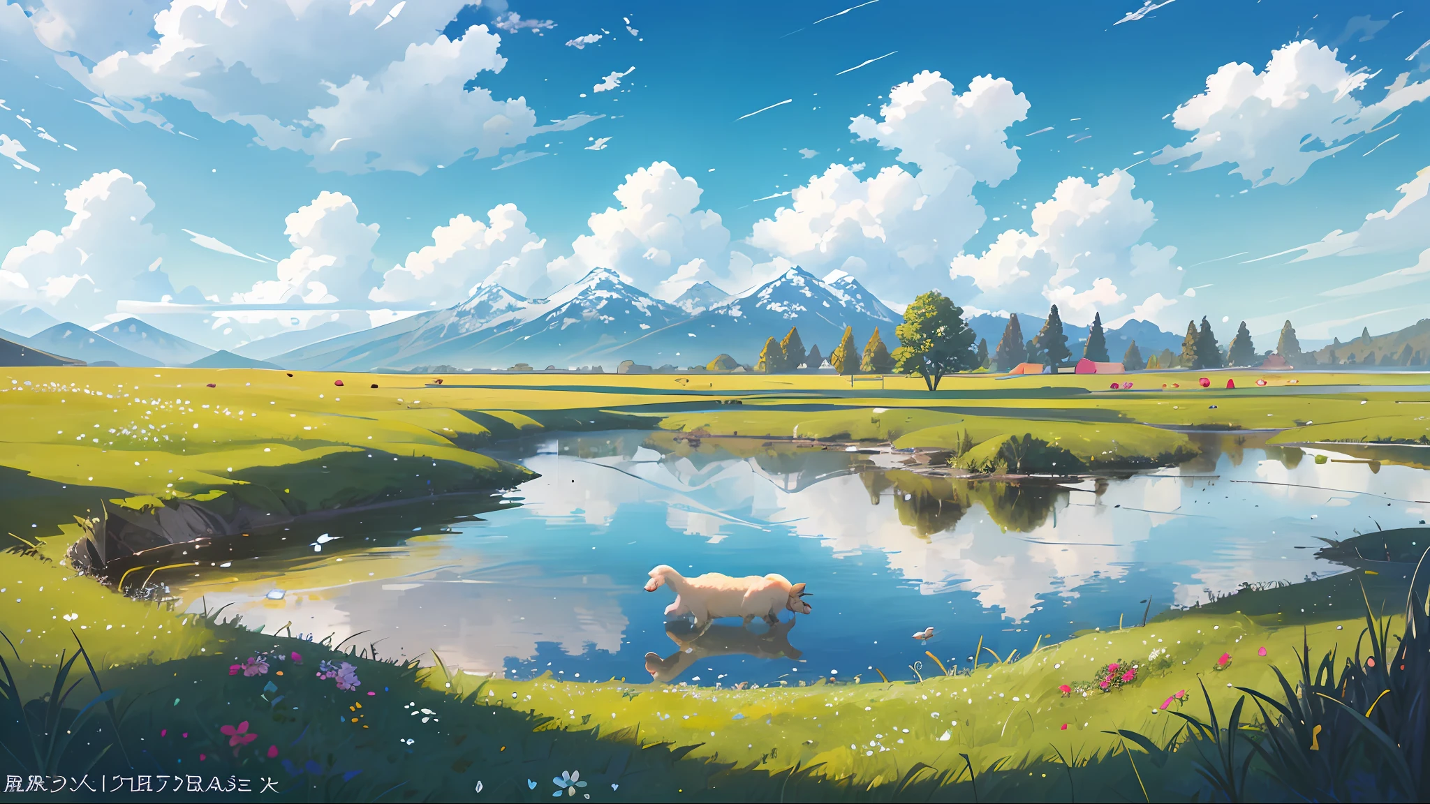 Summer, meadows, few small flowers, clear lakes, sheep, heaven, large clouds, blue sky, hot weather, HD detail, wet watermark, hyper-detail, cinematic, surrealism, soft light, deep field focus bokeh, distant view is snowy mountains, ray tracing, and surrealism. --v6