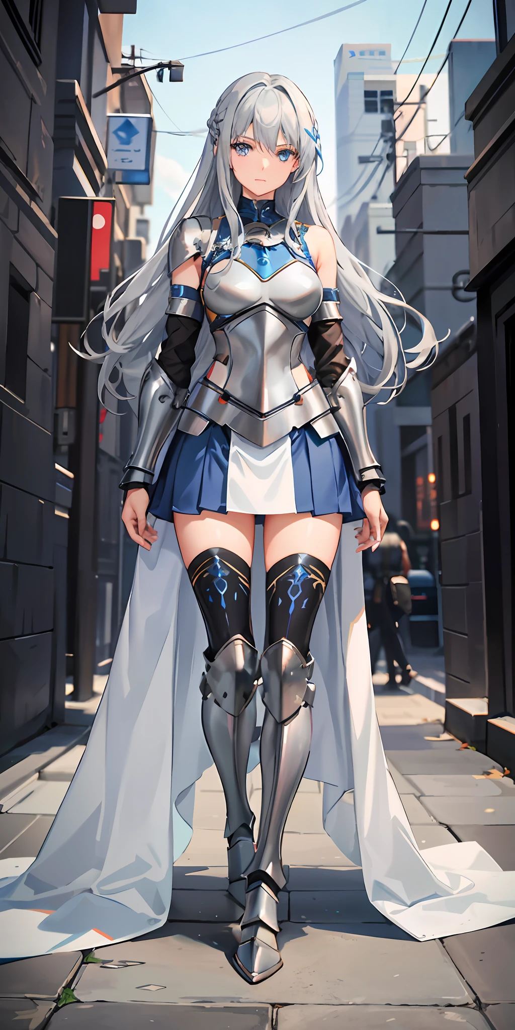 Solo, (straight long hair), strong eyes, hair color gray. She has a dignified face, blue eyes, outstanding style, breasts are medium size, (blue dress), (skirt is short), (steel breastplate), (wears armor on her arms), she has no background, full body is in the picture