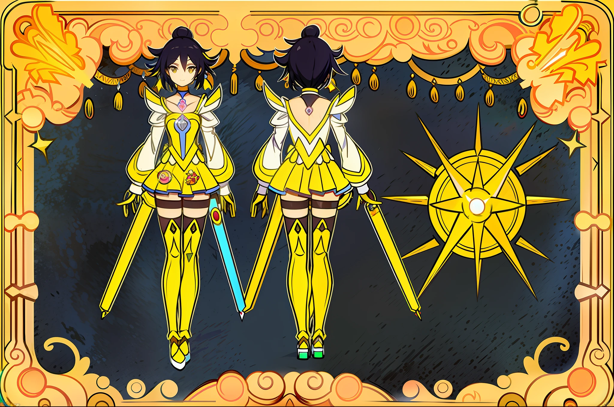 masterpiece,(best quality) magical girl,Lazer gun, yellow( ( character concept art ) )