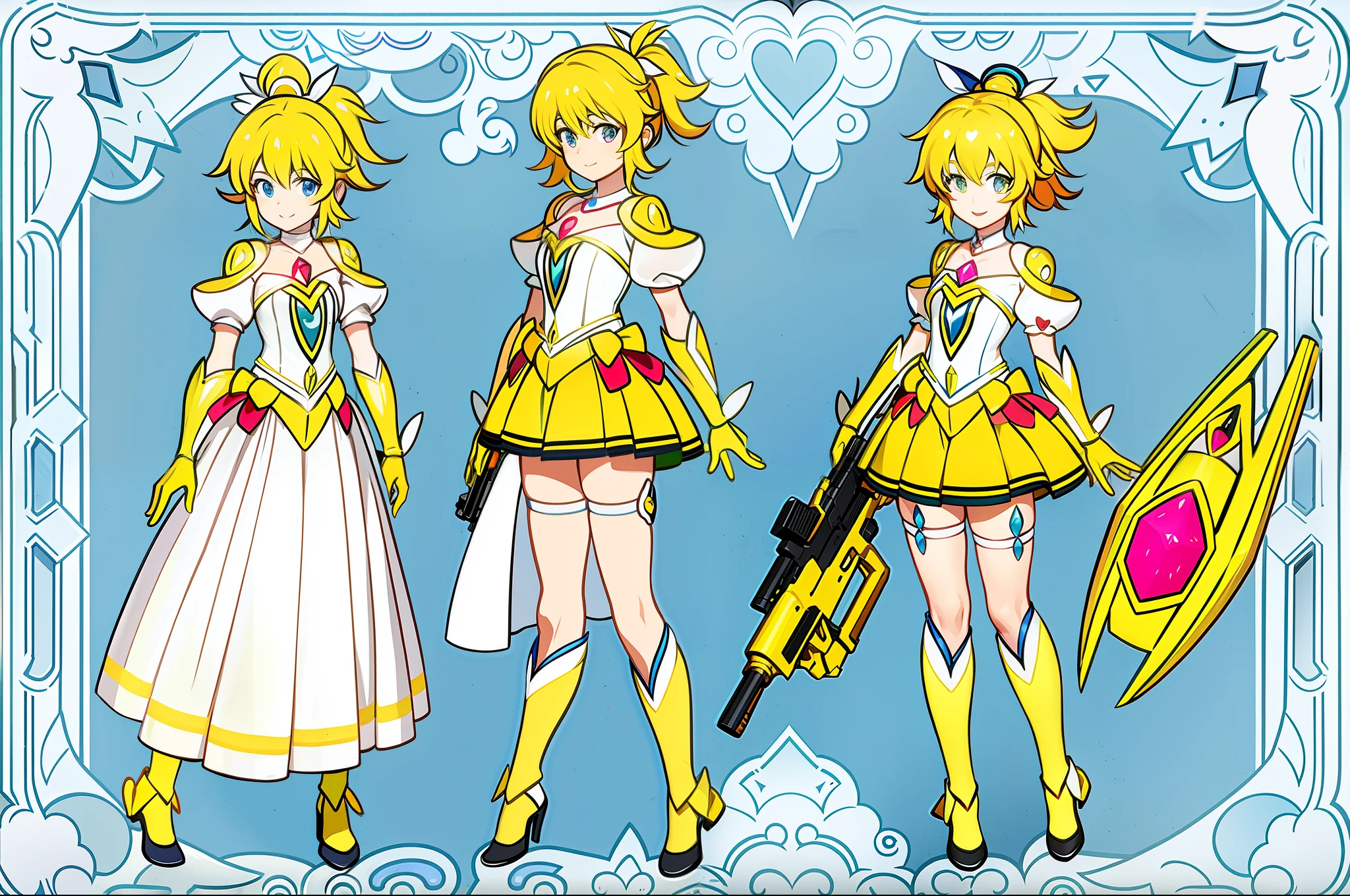 masterpiece,(best quality) magical girl,Lazer gun, yellow( ( character concept art ) )