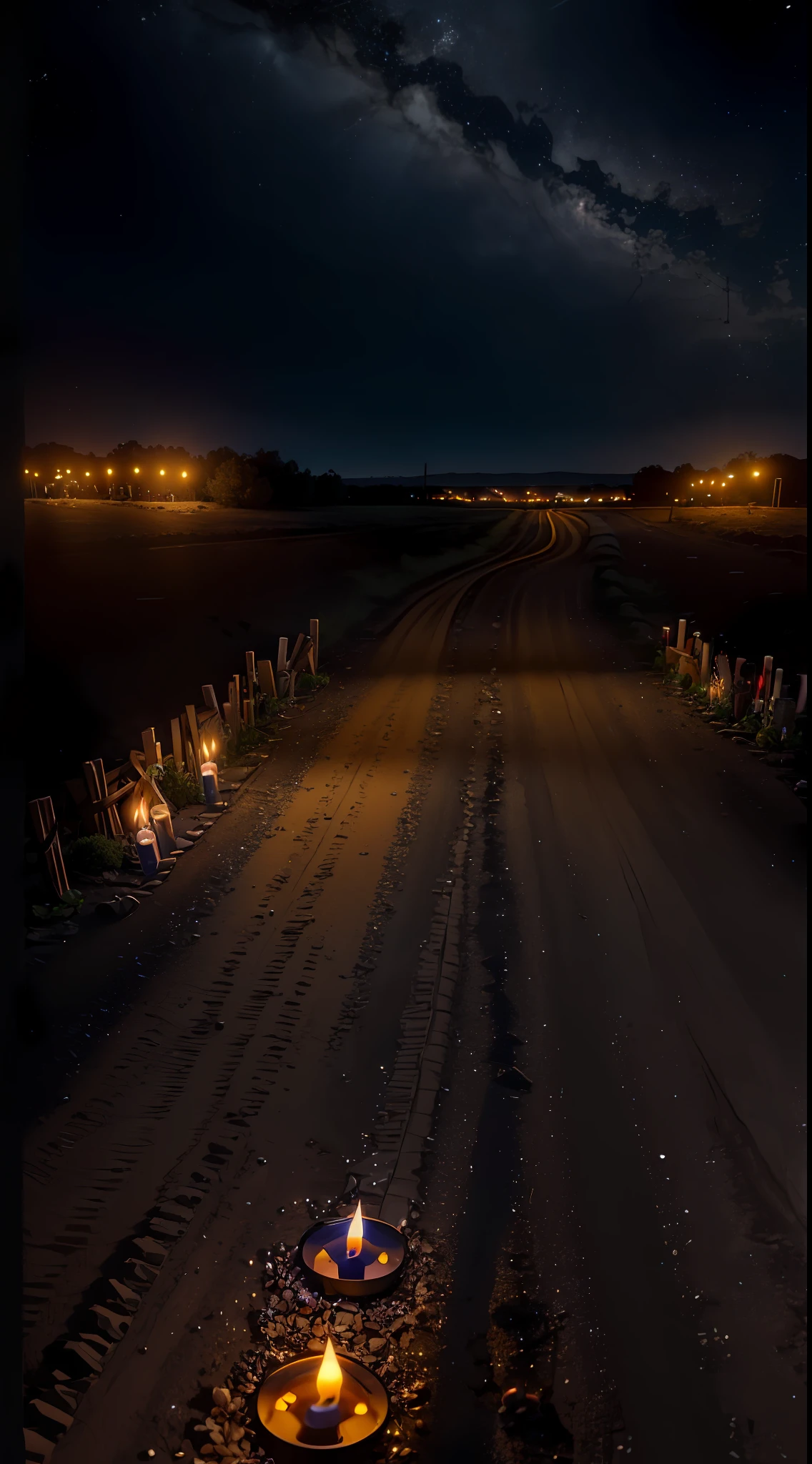 Real photograph of a rural dirt road, (intersection between two roads), empty street, (((some lit candles)))), night, 0h, cozy, little deluded, intricate, hyperdetailed, realistic, ultra-realistic, high quality, best, ultra detail, crazy detail, extremely detailed, photo realism, 8k uhd