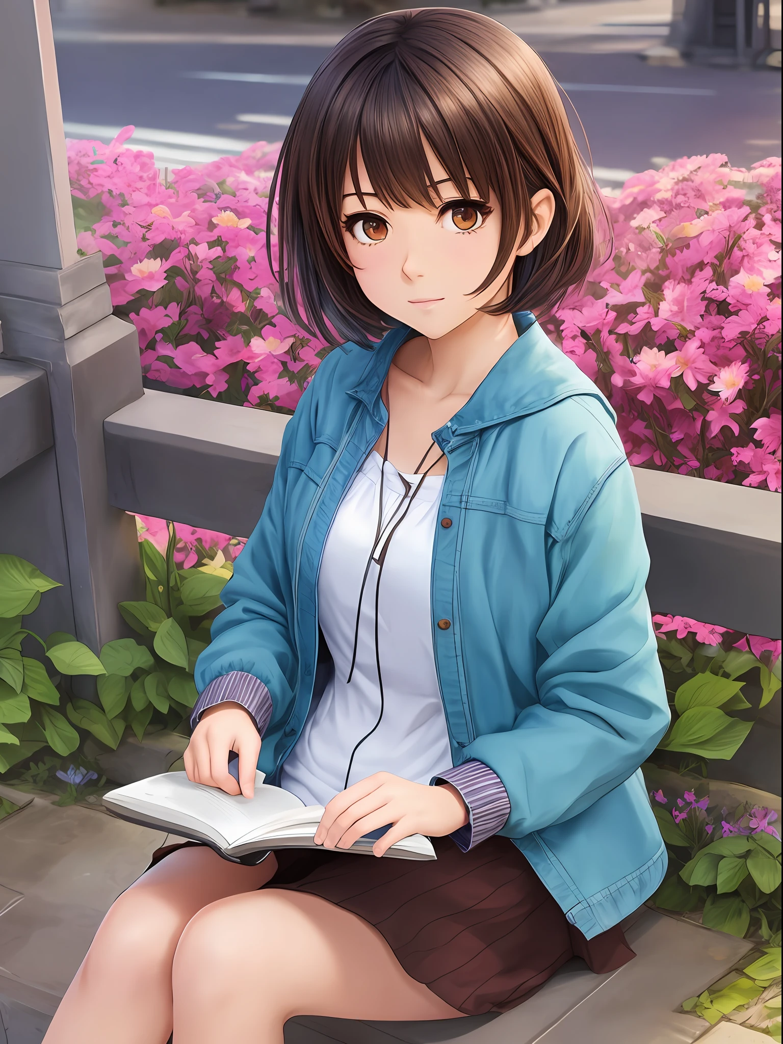 1 anime style girl, brown eyes, short brown hair with blue locks, sitting reading a book in a flowery square, super detailed