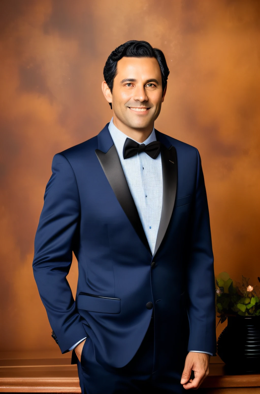 Portrait of a ((man)), 38 years old, middle-aged, dark hair, short and curled, ((full body)), wearing suit, formal wear, wearing social shoes, long sleeve, (((angle of the photo medium plane))