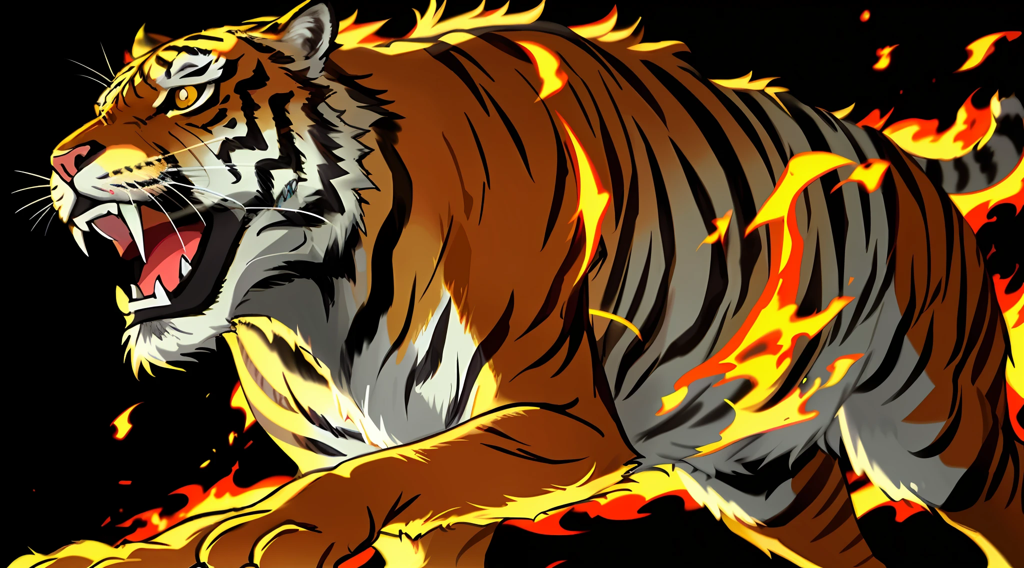 Tiger, full body glowing golden tiger, fierce, side, open your mouth., pounce, majestic, roar, flame, masterpiece, beautiful graphics, high detail, high quality