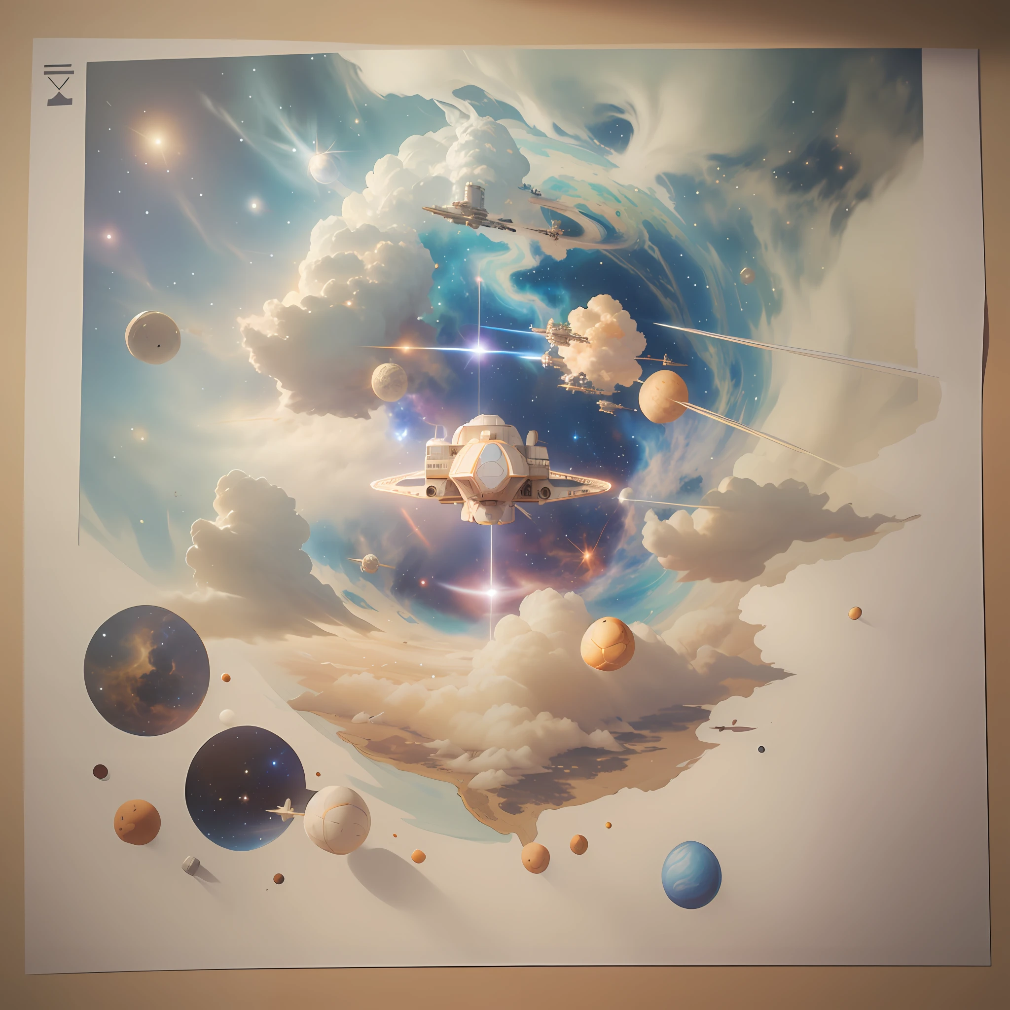 International space station blueprints on a light cream colored tabletop, top down view