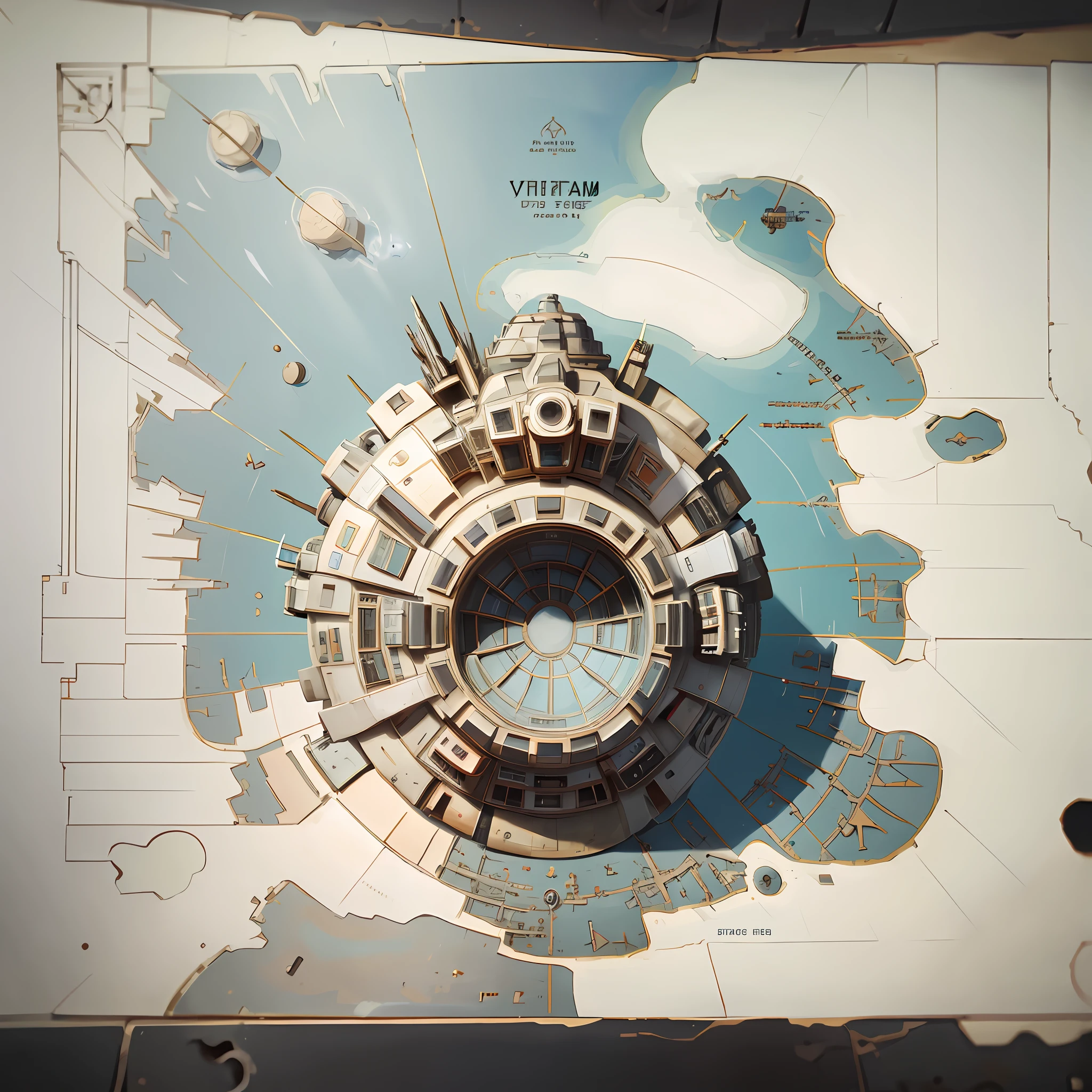 International space station blueprints on a light cream colored tabletop, top down view
