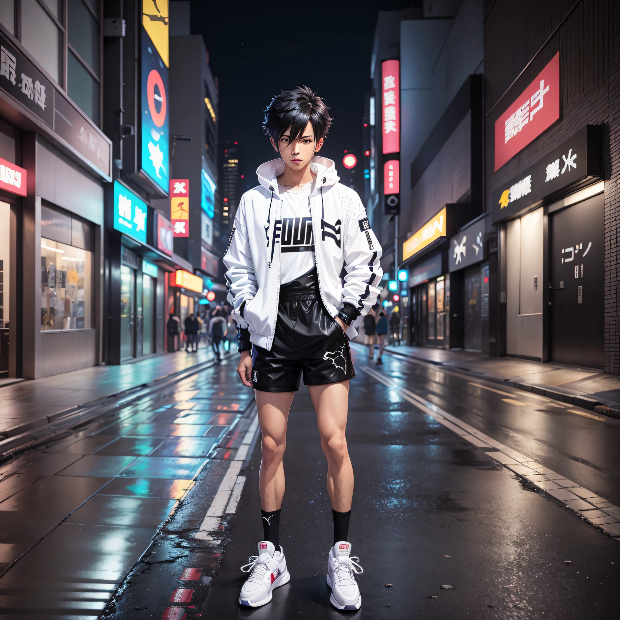 Futuristic anime character 4k male white skin and straight hair and black color with PUMA outfit and black classic cougar suede suede sneakers on an osaka street at night bigger eyes a little bigger --auto --s2