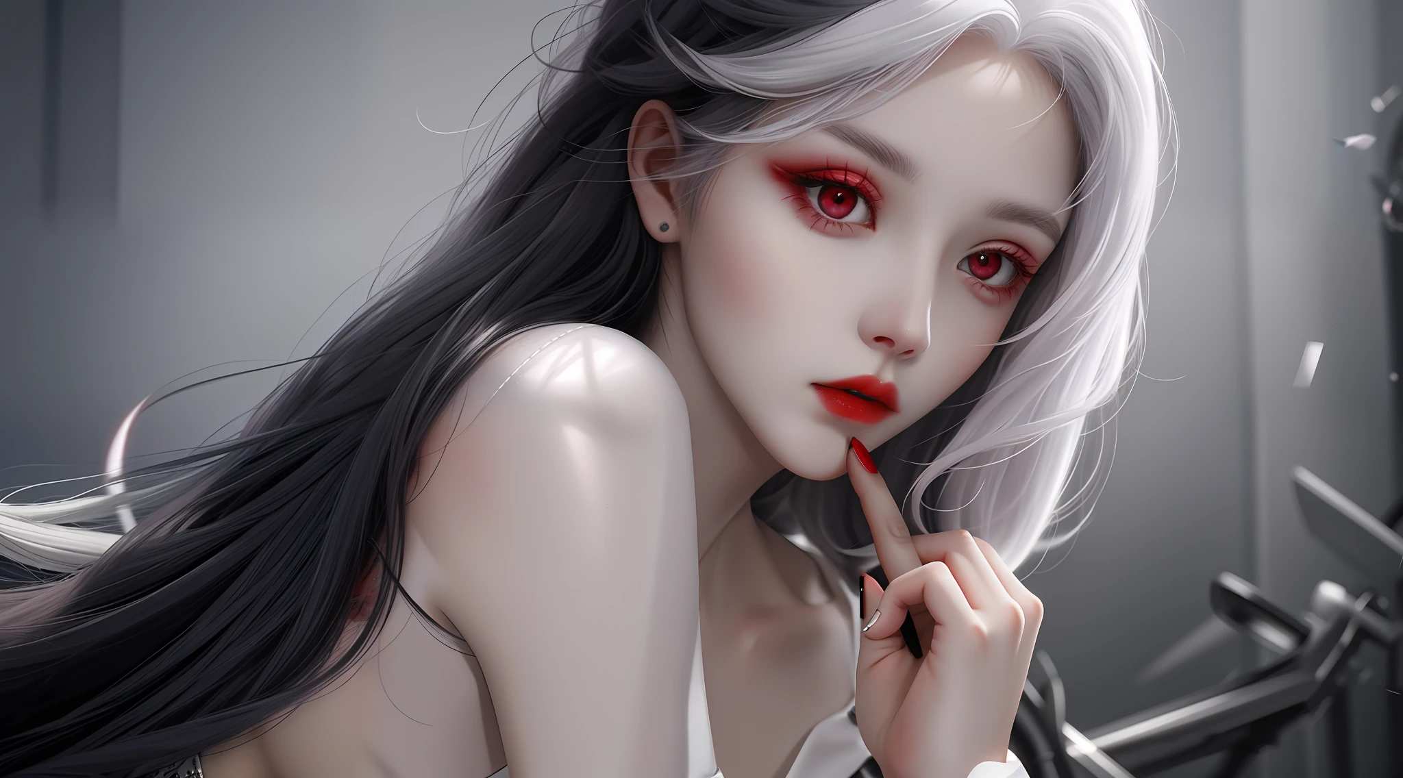 red eyes, thin lips, white hair, white eyebrows,