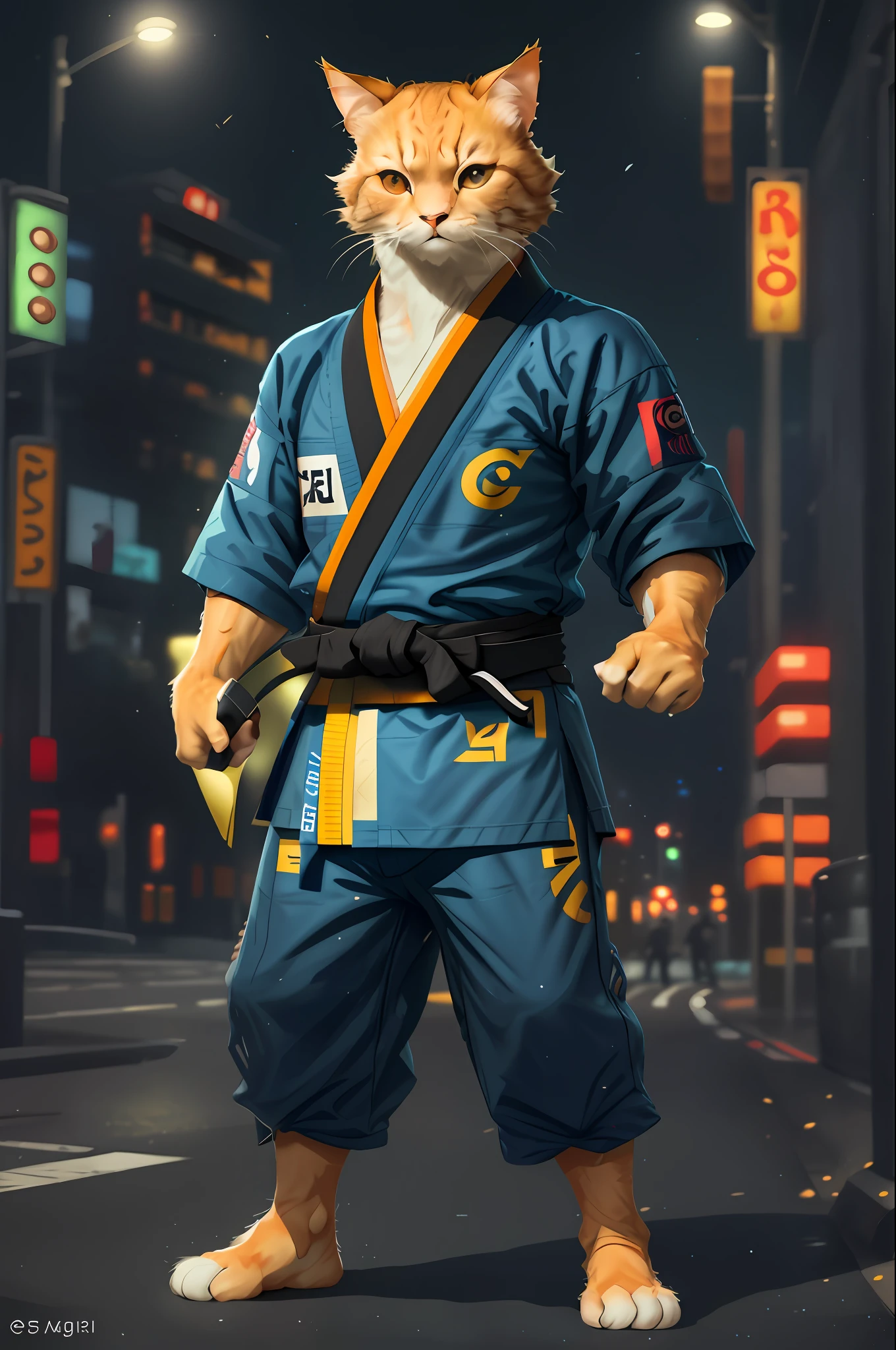 c4ttitude, wearing jiu jitsu kimono, black belt, focus energy, street fighter