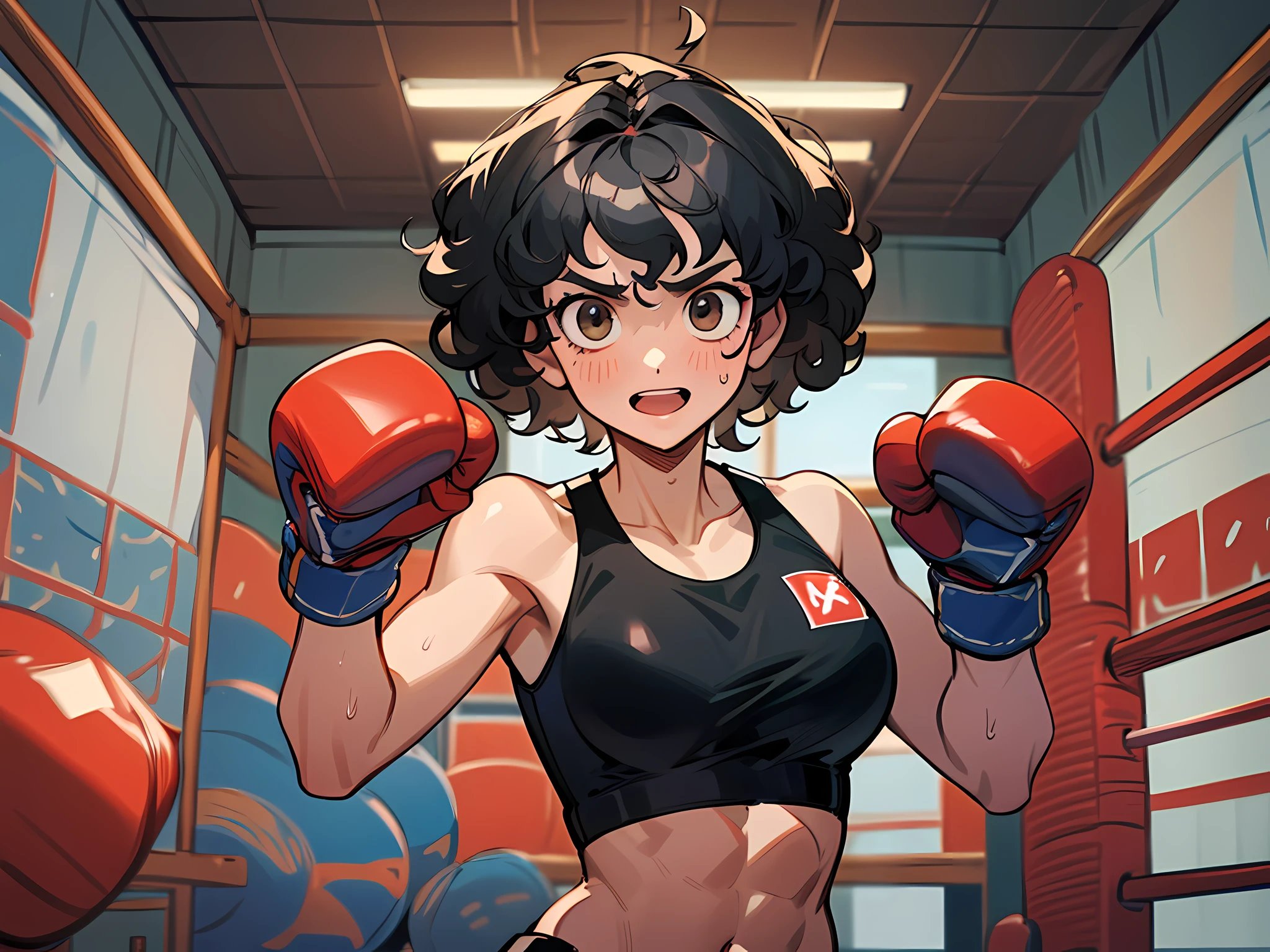 (Best Quality, Masterpiece), 1girl, black curly hair, black, short hair, a boxer, happy, boxing training room, punching sandbags, muscles, sports vests,