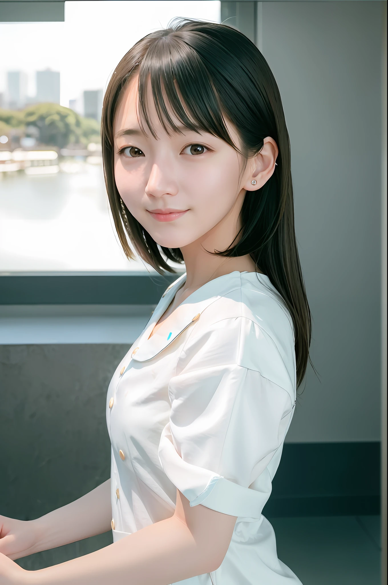(skin spots: 1.2), (skin dentation), Black eyes, 1 female, 18 years old, ((Female))), Solo, Real, Best quality, Photorealistic, Masterpiece, 8K, High resolution, Solo, Very detailed face, (Professional lighting, bokeh), (Light particles, lens flares, glowing particles: 0.6), (Dynamic pose: 1.2), Soft lighting, Top angle view, fashionable and trendy, Japan, street, Tokyo, city, (daytime)), sky, ((view viewer:1)), (look at camera),(portrait:0.6), gorgeous, standing, keep original facial proportions, broad shoulders, full body, (small breasts), (medium hair), brown hair, floating hair, lips, lipstick, seductive smile, floating hair, smile, open_mouth, teeth, sailor suit