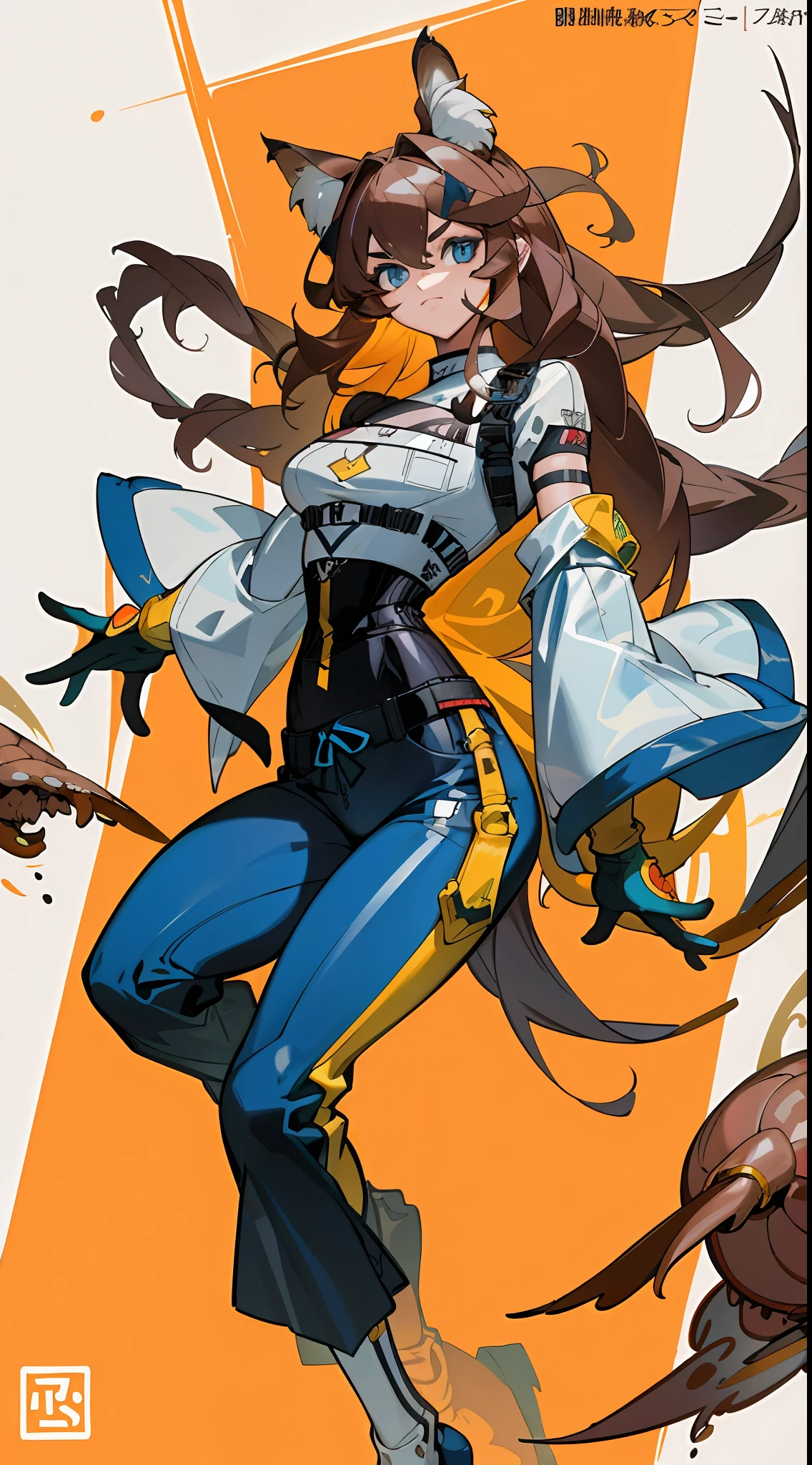 1girl, excellent lighting, sidelighting, (curvy: 1.2), vhsKeeper, 1 man, style GUILTY GEAR -STRIVE perfect(flat color: 1.3), (magazine_cover: 1.4), (multicolored_background: 1.3), striped_background, card_background, mixed-language_text, :: comix style by joe madureira :: , , ultra detailed shirt with abstract design, with Japanese letter print in graffit of the sides of the dress, image of man fighting with alien creature full of tentacles ,  with immersive effects, hover effect, background graffiti style tribal tattoo with vibrant colors "ultra hdr" detailed and with focus effect, (masterpiece: 1.2, best quality), (finely detailed beautiful eyes: 1.2), , ((Solo)), (Blue eyes:1.4), (Finely detailed eyes and detailed face :1.3), in various full-body attack poses, (beautiful and clear background: 1.2),futuristic costume,  Super detailed circular metals Clinging to the arms and pants, fantastic paintings