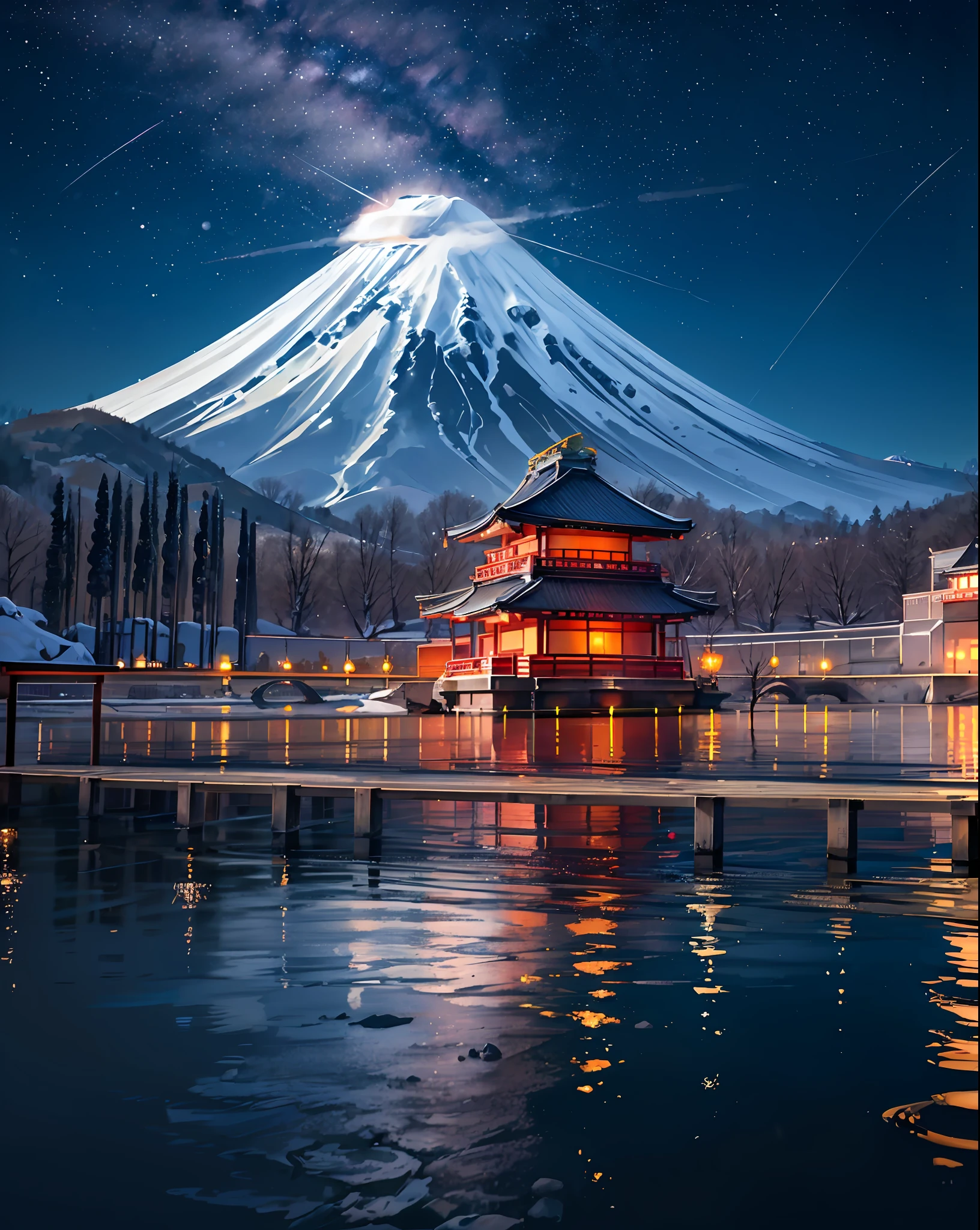 there are many lanterns floating in the water near a mountain, reflecting mount fuji, very beautiful photo, mount fuji on the background, mt. fuji, at snowy fuji mountain moonlight, japan at night, mount fuji background, mount fuji, mountain fuji on the background, dreamy scene, japan. volumetric lighting, float under moon light at night, night scenery --auto --s2