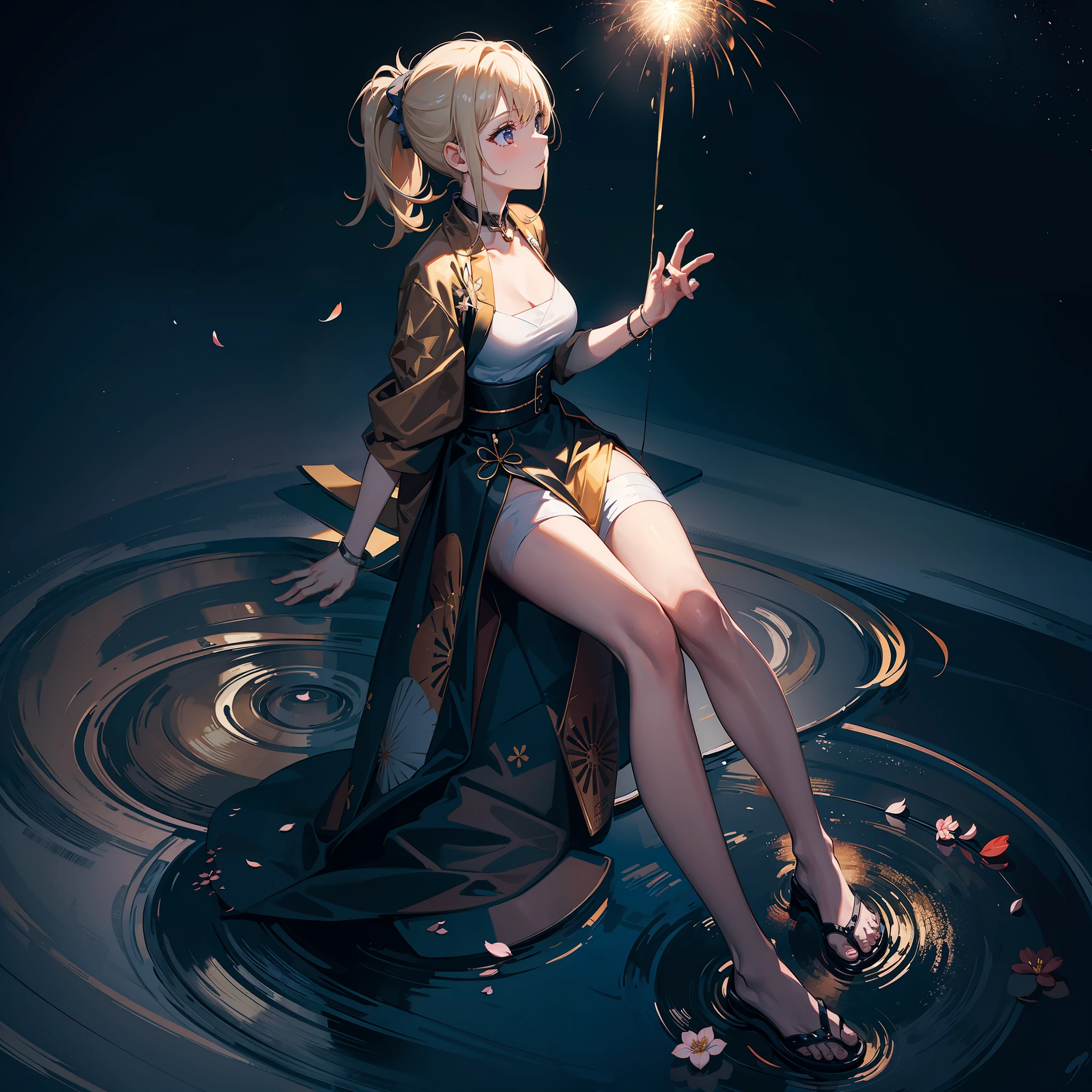 1girl, fireworks, nighttime, blossom, blonde ponytail, fullbody