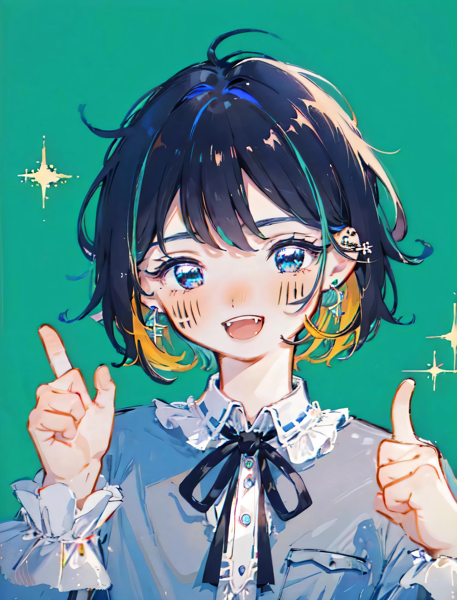 shouhui, beautifulboy, solo, 1girl, :d, aqua background, artist name, bangs, black hair, blue background, blue eyes, blue hair, blush, character name, dated, earrings, eyebrows visible through hair, facial mark, fangs, frills, green background, grey shirt, jewelry, long sleeves, looking at viewer, multicolored hair, neck ribbon, open mouth, shirt, short hair, signature, simple background, smile, sparkle, tattoo, teeth, upper body, virtual youtuber, 1boy, white shirt, male focus, piercing, cat, ear piercing, thumbs up,