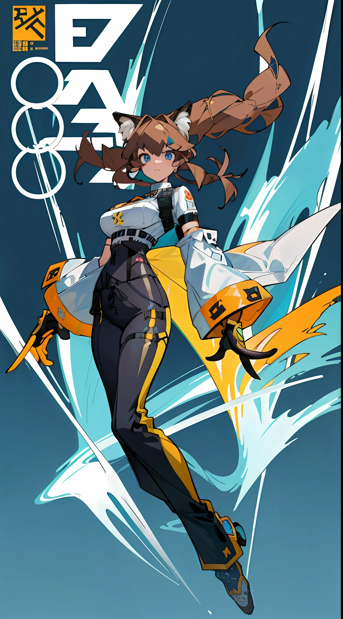 1girl, excellent lighting, sidelighting, (curvy: 1.2), , style GUILTY GEAR -STRIVE perfect(flat color: 1.3), (magazine_cover: 1.4), (multicolored_background: 1.3), striped_background, card_background, mixed-language_text, :: comix style by joe madureira :: , , ultra detailed shirt with abstract design, with Japanese letter print in graffit of the sides of the dress, image of woman fighting with alien creature full of tentacles , with immersive effects, hover effect, background graffiti style tribal tattoo with vibrant colors "ultra hdr" detailed and with focus effect, (masterpiece: 1.2, best quality), (beautiful eyes finely detailed: 1.2), , ((Solo)),large breasts (Blue eyes:1.4), (Finely detailed eyes and detailed face :1.3), in various full-body attack poses, (beautiful and clear background: 1.2), futuristic costume, super detailed circular metals Clinging to the arms and pants, fantastic paintings