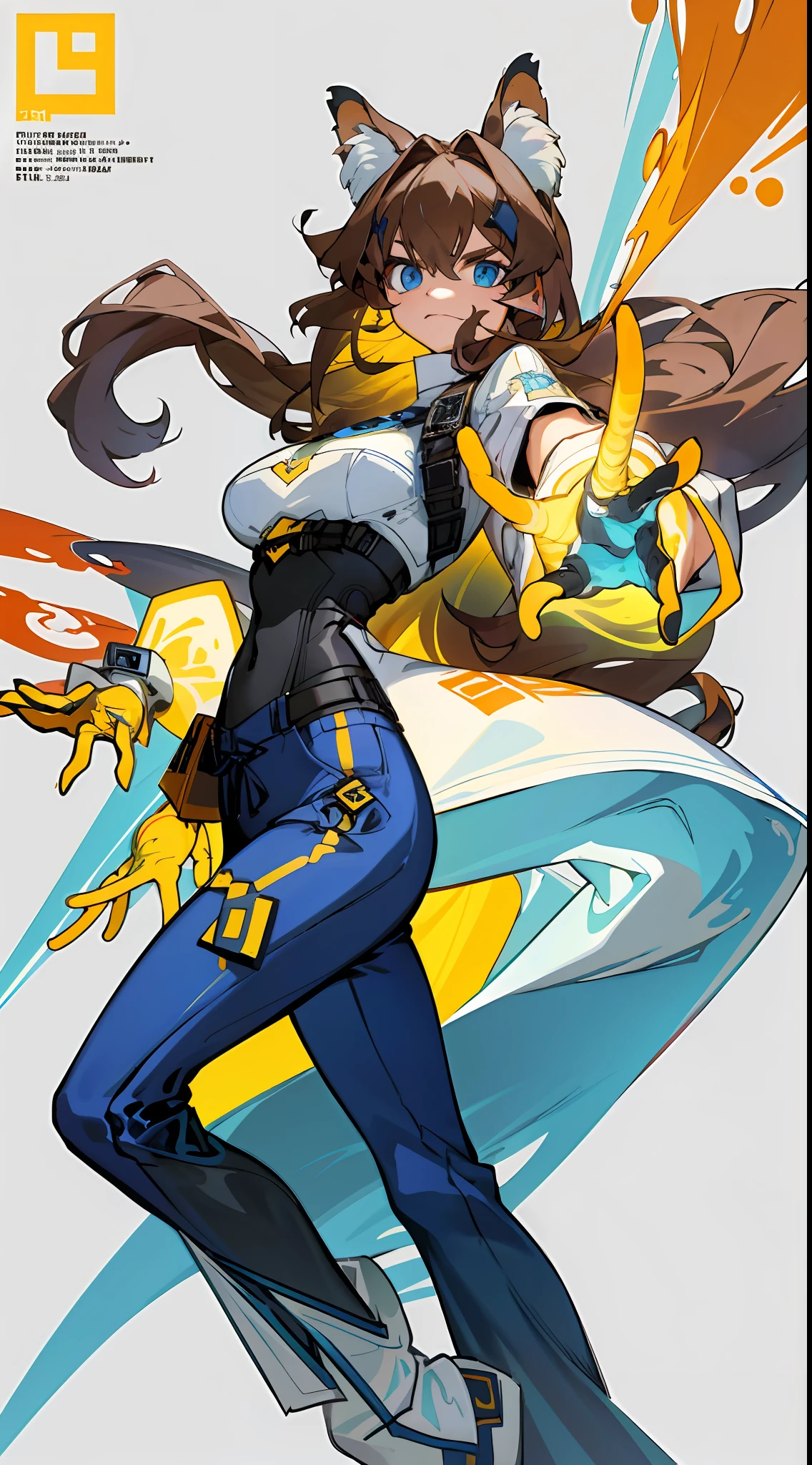 1girl, excellent lighting, sidelighting, (curvy: 1.2), , style GUILTY GEAR -STRIVE perfect(flat color: 1.3), (magazine_cover: 1.4), (multicolored_background: 1.3), striped_background, card_background, mixed-language_text, :: comix style by joe madureira :: , , ultra detailed shirt with abstract design, with Japanese letter print in graffit of the sides of the dress, image of woman fighting with alien creature full of tentacles , with immersive effects, hover effect, background graffiti style tribal tattoo with vibrant colors "ultra hdr" detailed and with focus effect, (masterpiece: 1.2, best quality), (beautiful eyes finely detailed: 1.2), , ((Solo)),large breasts (Blue eyes:1.4), (Finely detailed eyes and detailed face :1.3), in various full-body attack poses, (beautiful and clear background: 1.2), futuristic costume, super detailed circular metals Clinging to the arms and pants, fantastic paintings