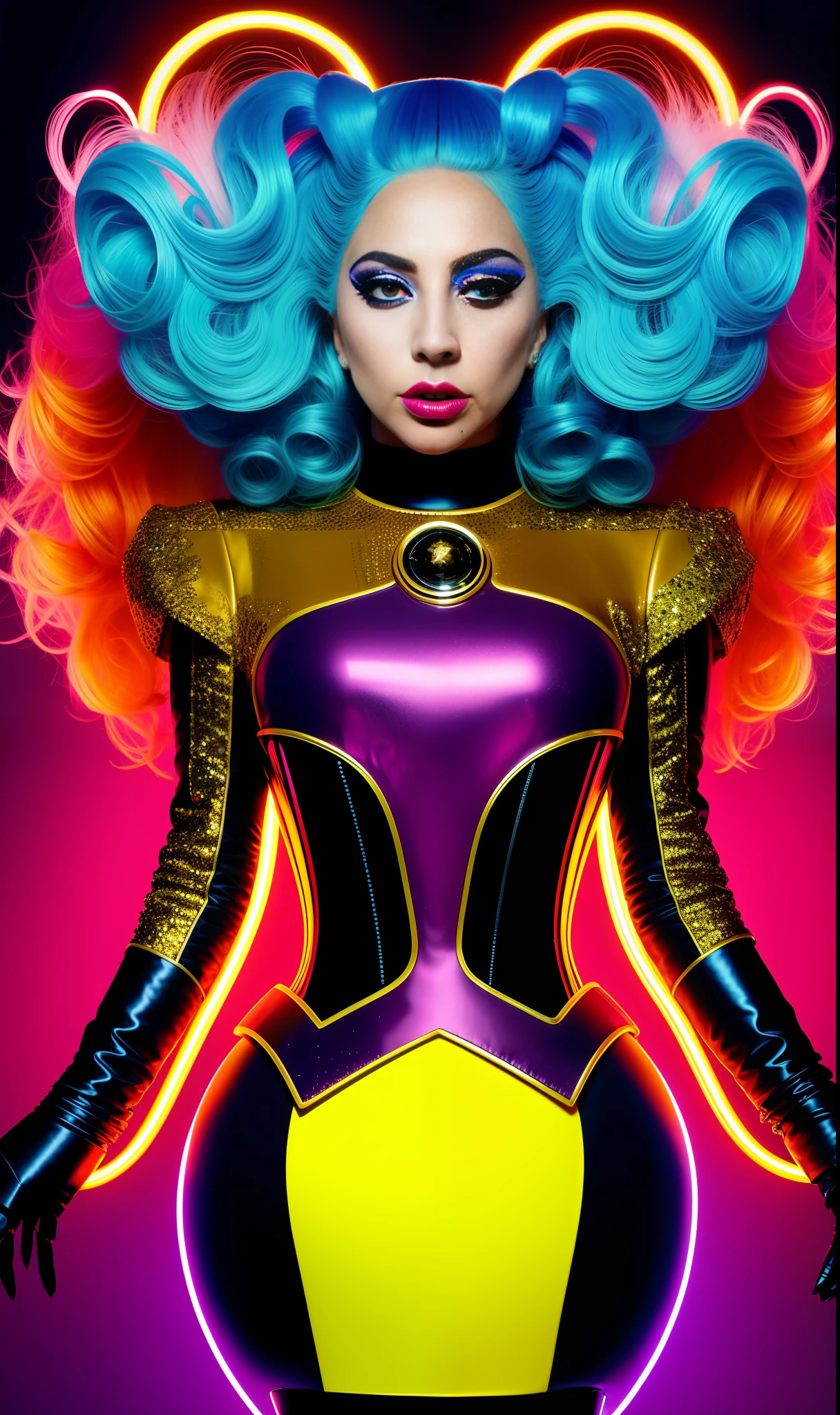 Lady gaga photo, 4K texture, robotic and extravagant dress and strange hairstyle, 8k image, haute couture, flashes, high image quality, neon dress, realistic face, various poses