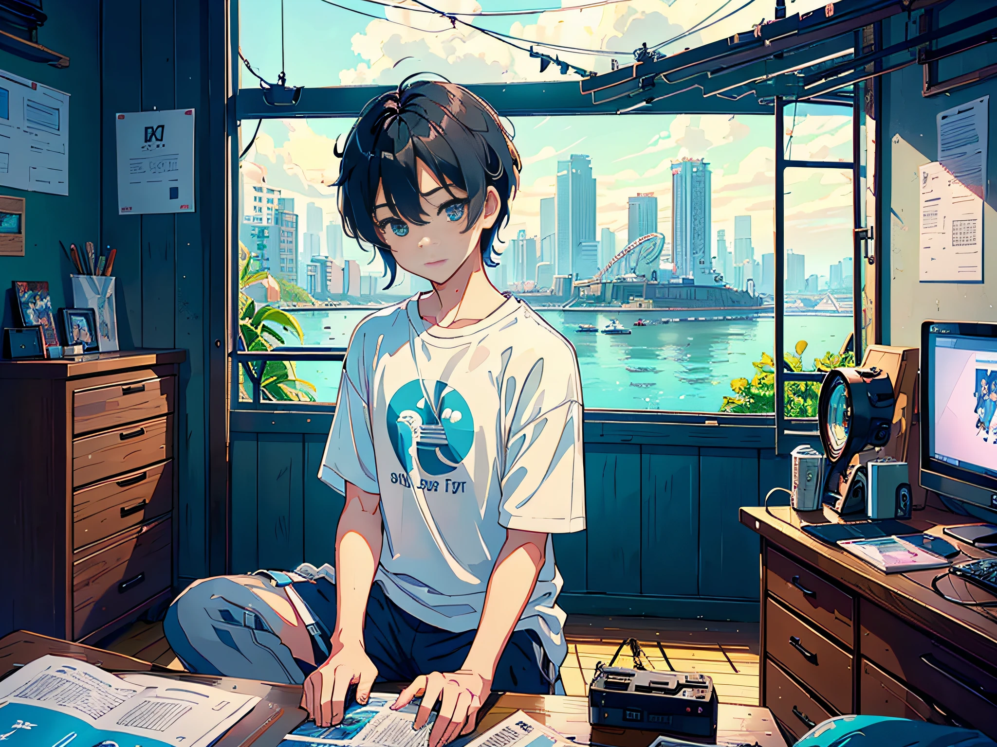A boy in the bedroom, sitting on a chair, holding an iPhone in his hand, (holding an iPhone: 1.5), an iPhone, the man is wearing a white T-shirt in the background, sitting on a stool. The lens mainly features the upper body, in the Loepfe Art style ((New Sea City), popular in CGStation, New Hai Cheng H 2160, cute aesthetics, cute, inspired by Bian Shoumin, cute hip hop, new sea city, Kavassi, Guwitz style, high quality, 4K, 8K, resolution, -auto-s2