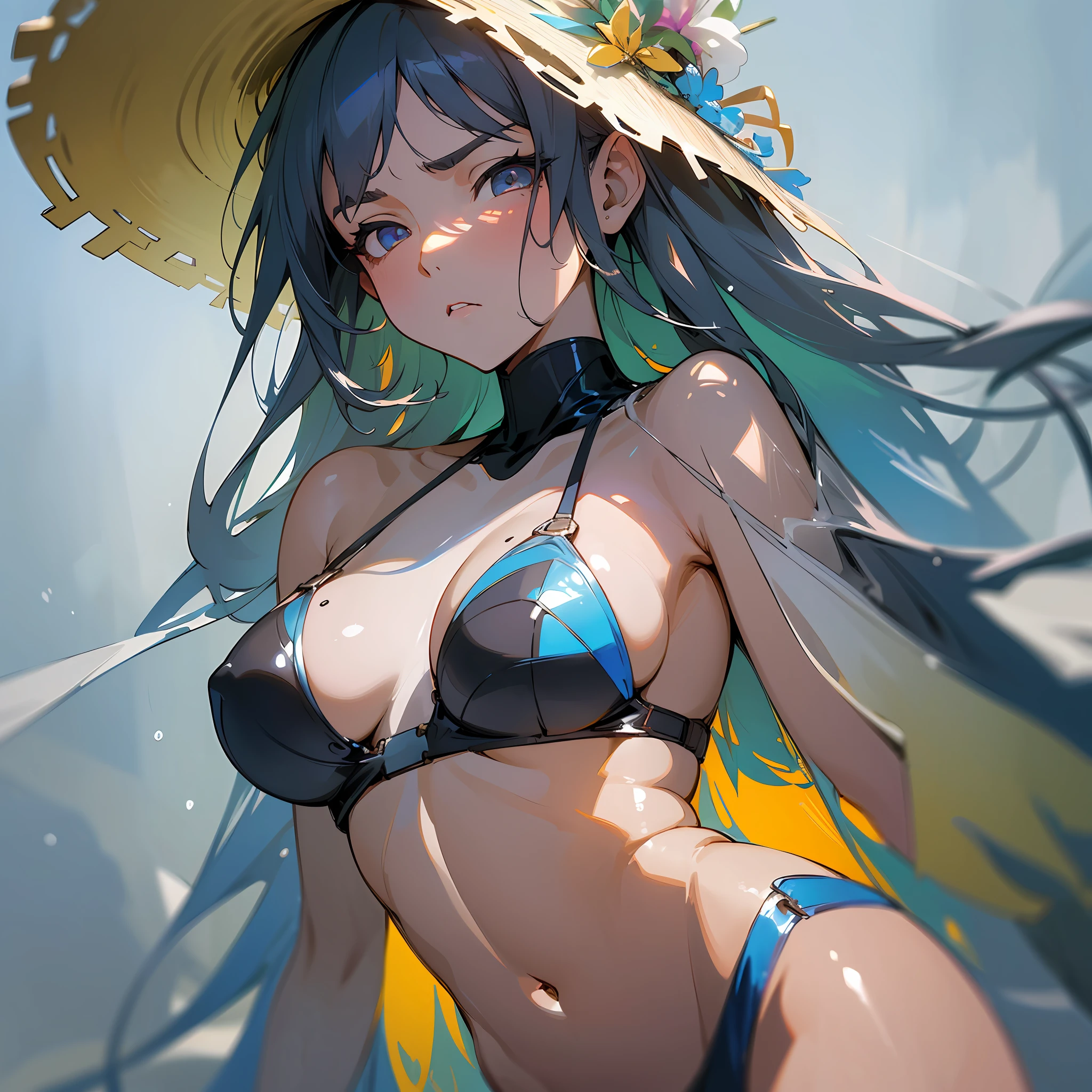 (girl:1) Stunning full-body complex full-color portrait, (detailed face, intricate details, serious expression, staring sideways, opening eyes)
put on a swimsuit,
magnificent character composition,
Sharp Focus, Natural Light, Subsurface Scattering, F2, 35mm, Film Grain --auto --s2