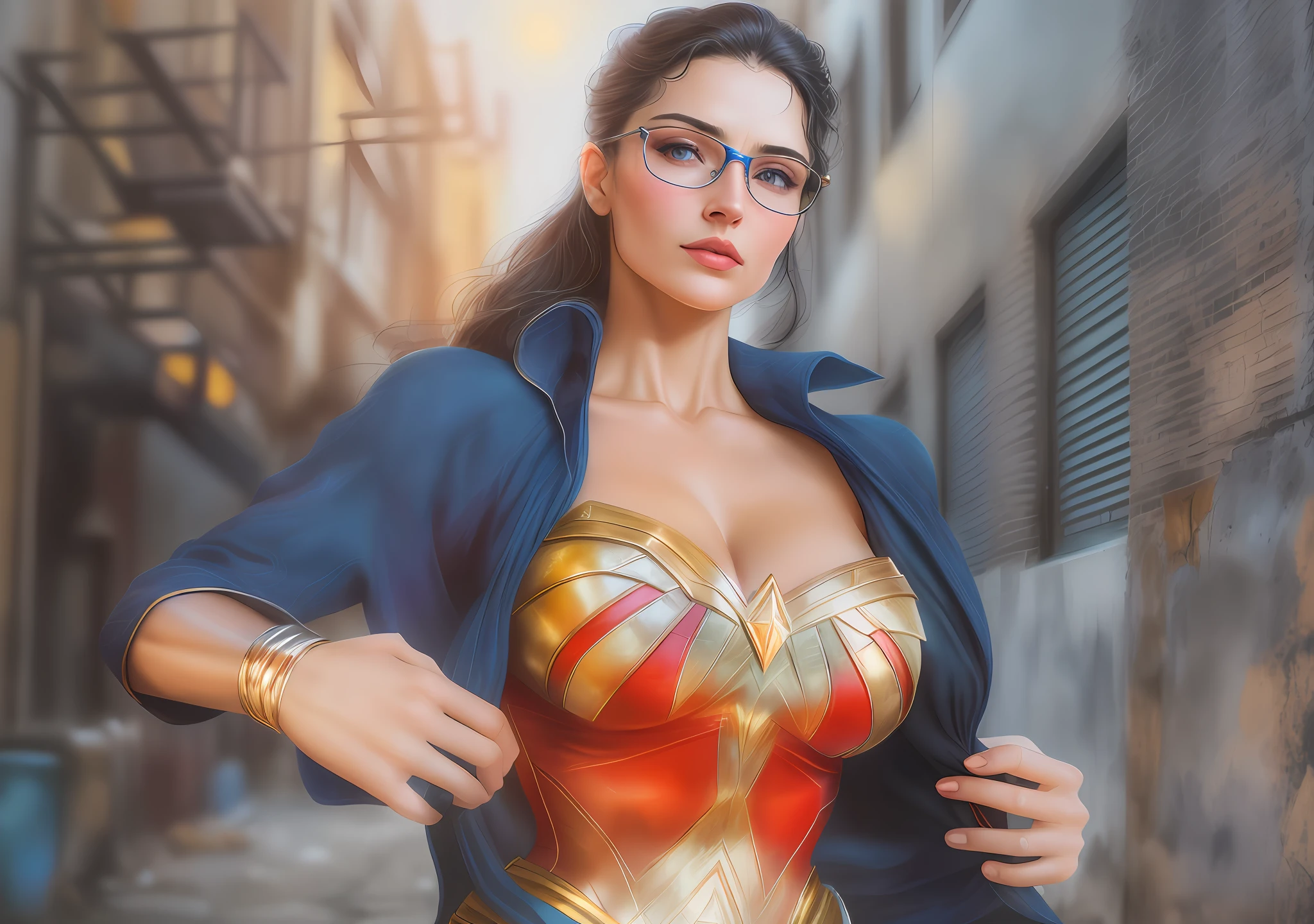 ((highest quality)), (4k, highly detailed, high-detail RAW color photography, masterpiece: 1.2), (realistic and realistic photo: 1.4), global lighting, reality lighting, photon mapping, physics-based rendering, Arafeed woman in superhero costume standing in an alleyway, Wonder Woman, portrait of Wonder Woman, super photorealistic, super photorealism, trying to take off the blue top, holding the top with both hands, wearing glasses, wearing a Wonder Woman costume inside, Wonder Woman, (delicate details, makeup), (delicate and beautiful delicate face, delicate and beautiful delicate eyes, face with perfect proportions), (delicate and radiant skin: 1.2), delicate skin, strong and realistic blue eyes, realistic black hair, lips, makeup, natural skin texture, tiara, jewelry, star \(symbol\), leotard, bulletproof gauntlet, red knee boots, golden belt, (public attire: 1.5), bare shoulders, slightly sunburned, mature, sexy, elastic muscles, (muscles: 1.2), ((strong and healthy body)), (more muscles))), long legs, curves, (big breasts: 1.3), thin waist, soft waist, (delicate skin), (beautiful and sexy woman), (swollen lips: 0.9), (eyelashes: 1.2), (skin hollows), very delicate muscle definition, breasts, solo, cleavage, pretty face, perfect body, muscular, detailed face, realistic skin details,