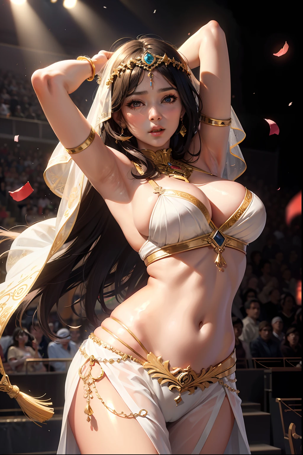 ((best quality, 8k, sharp focus, 35mm lens, masterpiece: 1.2)), spot light, ultimate beautiful girl, (large breasts), (dancer), (belly dance costume), (arabic face veil), (stage show: 1.2), navel, highly detailed facial textures, ultra-detailed skin, detailed sweat, voluptuous expressions, buttocks, long tied up hair, confetti, up skirt