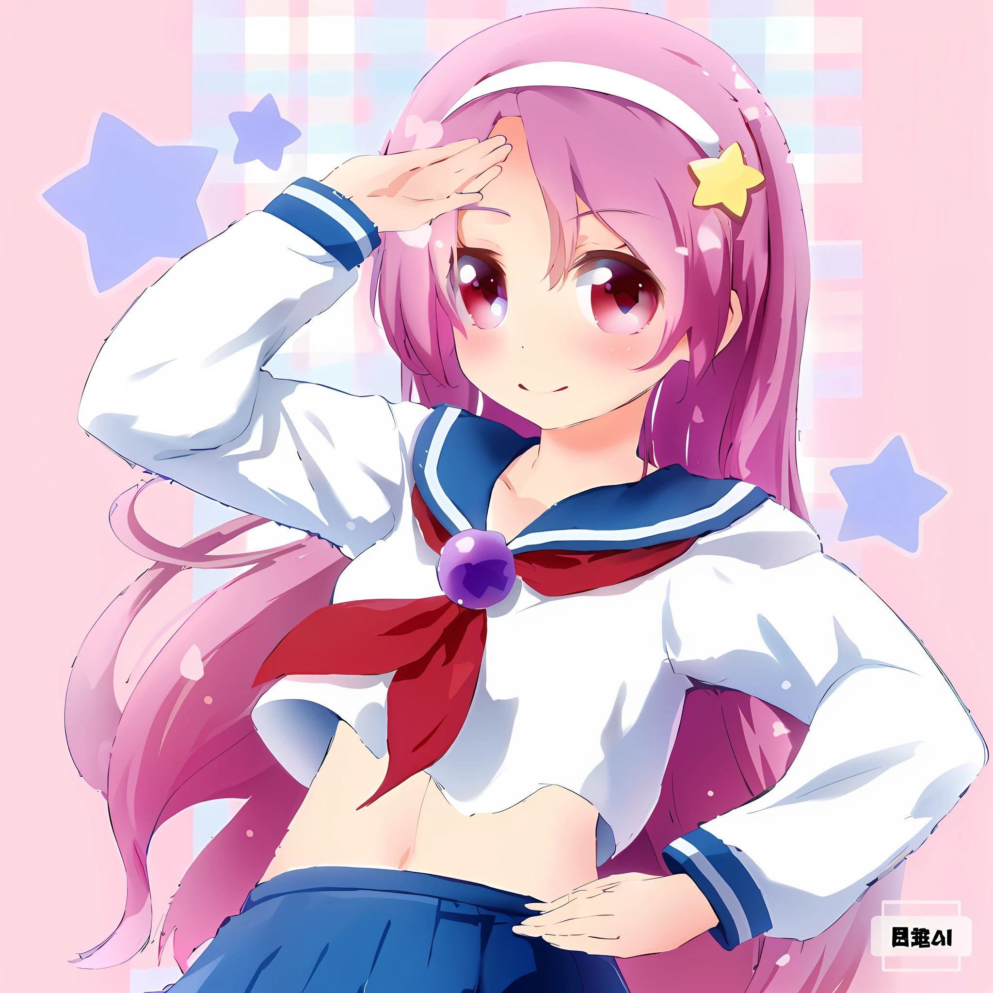 masterpiece, best quality, highres, aa2, long hair, hairband school uniform, serafuku, white shirt, blue skirt, ahoge, parted bangs, pleated skirt, midriff, long sleeves, sailor collar, wariza, outdoors,