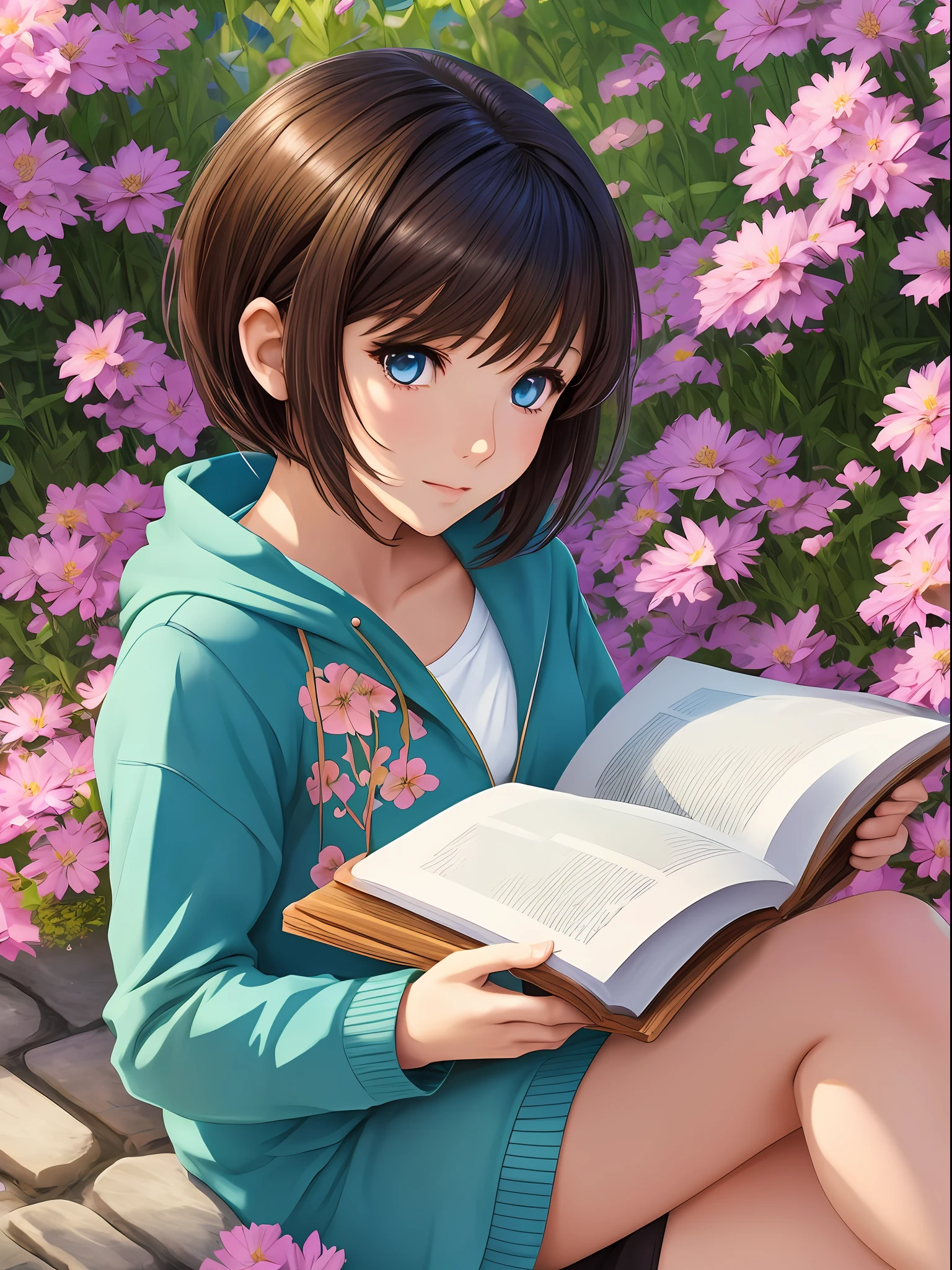 1 anime style girl, brown eyes, short brown hair with blue locks, sitting reading a book in a flowery square, super detailed