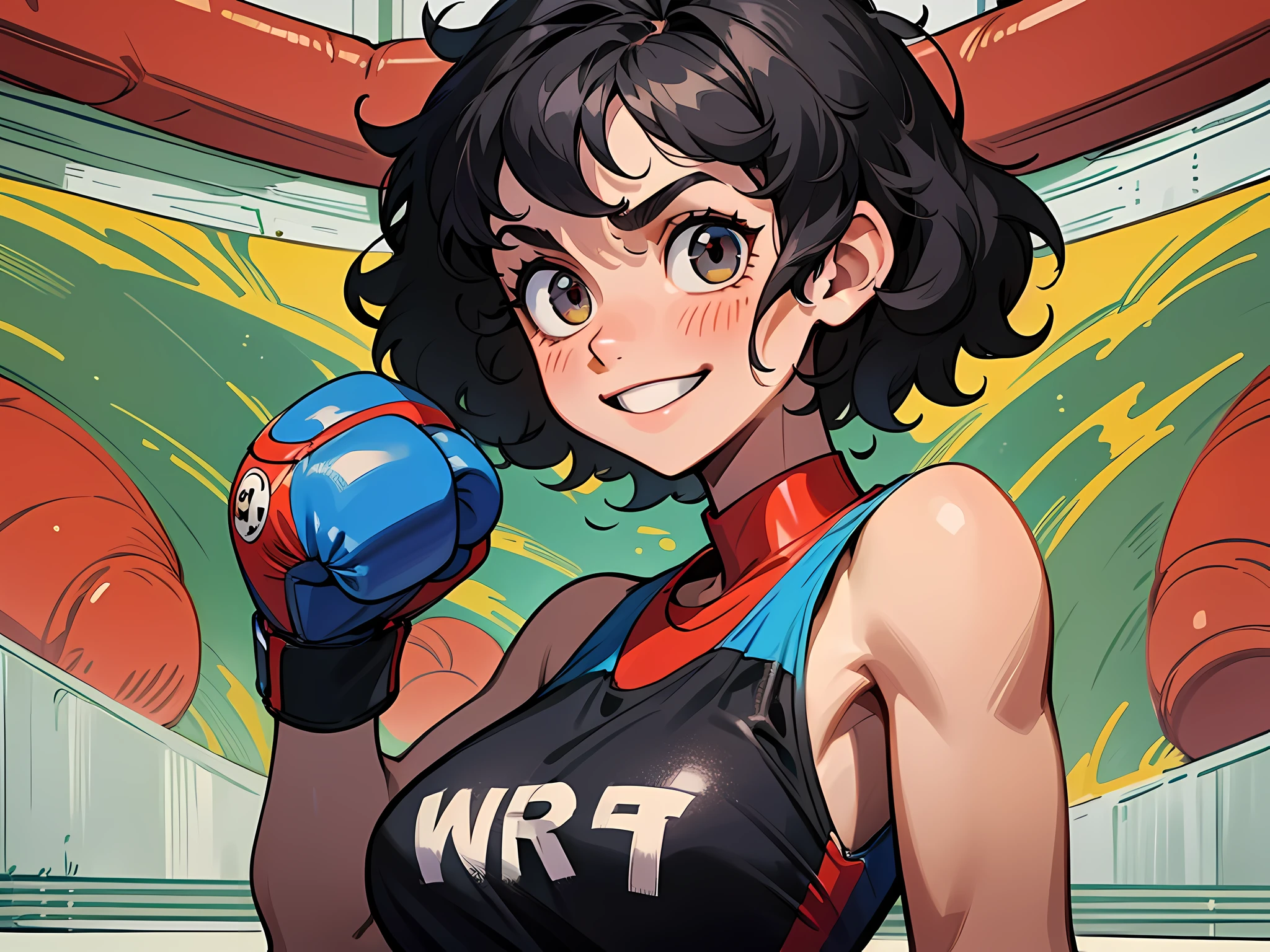 (Best Quality, Masterpiece), 1girl, black curly hair, black, short hair, a boxer, smile, boxing training room, punching sandbags, muscles, sports vests,