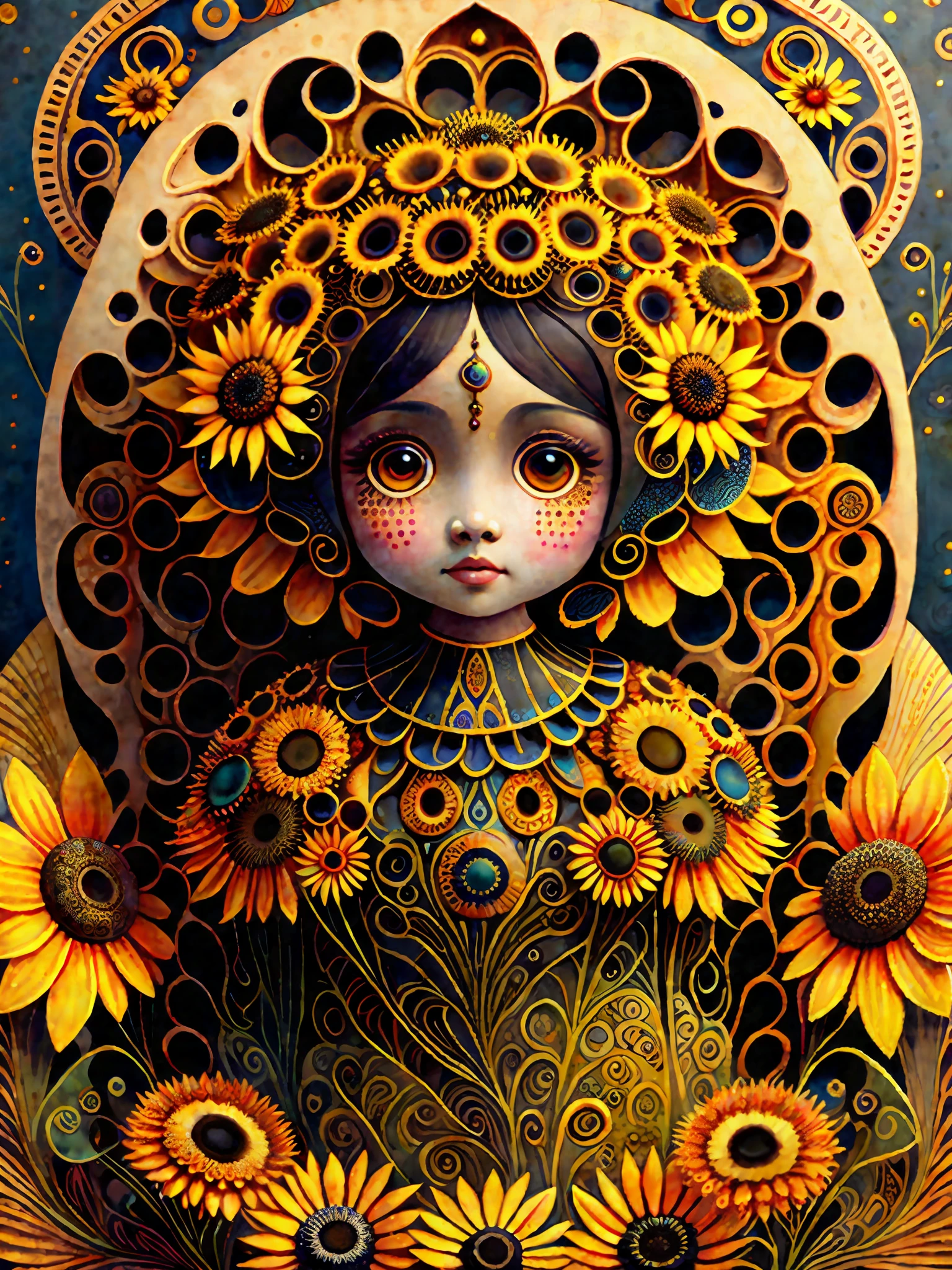 Gorgeous big eyes watercolor sunflower ebony goddess covered in curlycue paisley flowerdesigns, intricate filigreeheaddress highly intricate hyper-detailed landscape illustration painting by Mark Ryden, Keane, Max Ernst, Bosch, Junji Ito, Mucha, maximalism, surrealism, 3d liquid detailing, volumetric lighting, octane render, 16k, storybook, a masterpiece