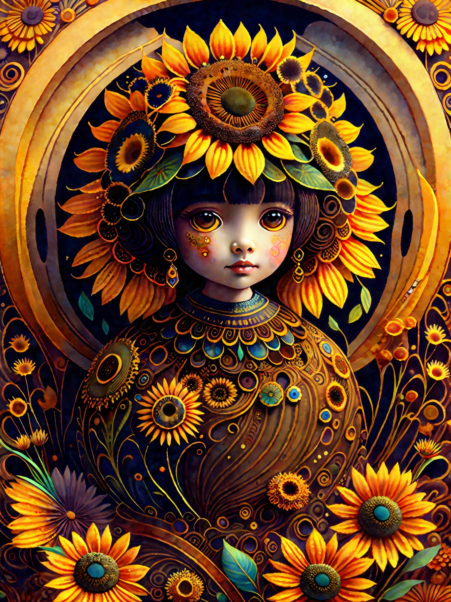 Gorgeous big eyes watercolor sunflower ebony goddess covered in curlycue paisley flowerdesigns, intricate filigreeheaddress highly intricate hyper-detailed landscape illustration painting by Mark Ryden, Keane, Max Ernst, Bosch, Junji Ito, Mucha, maximalism, surrealism, 3d liquid detailing, volumetric lighting, octane render, 16k, storybook, a masterpiece