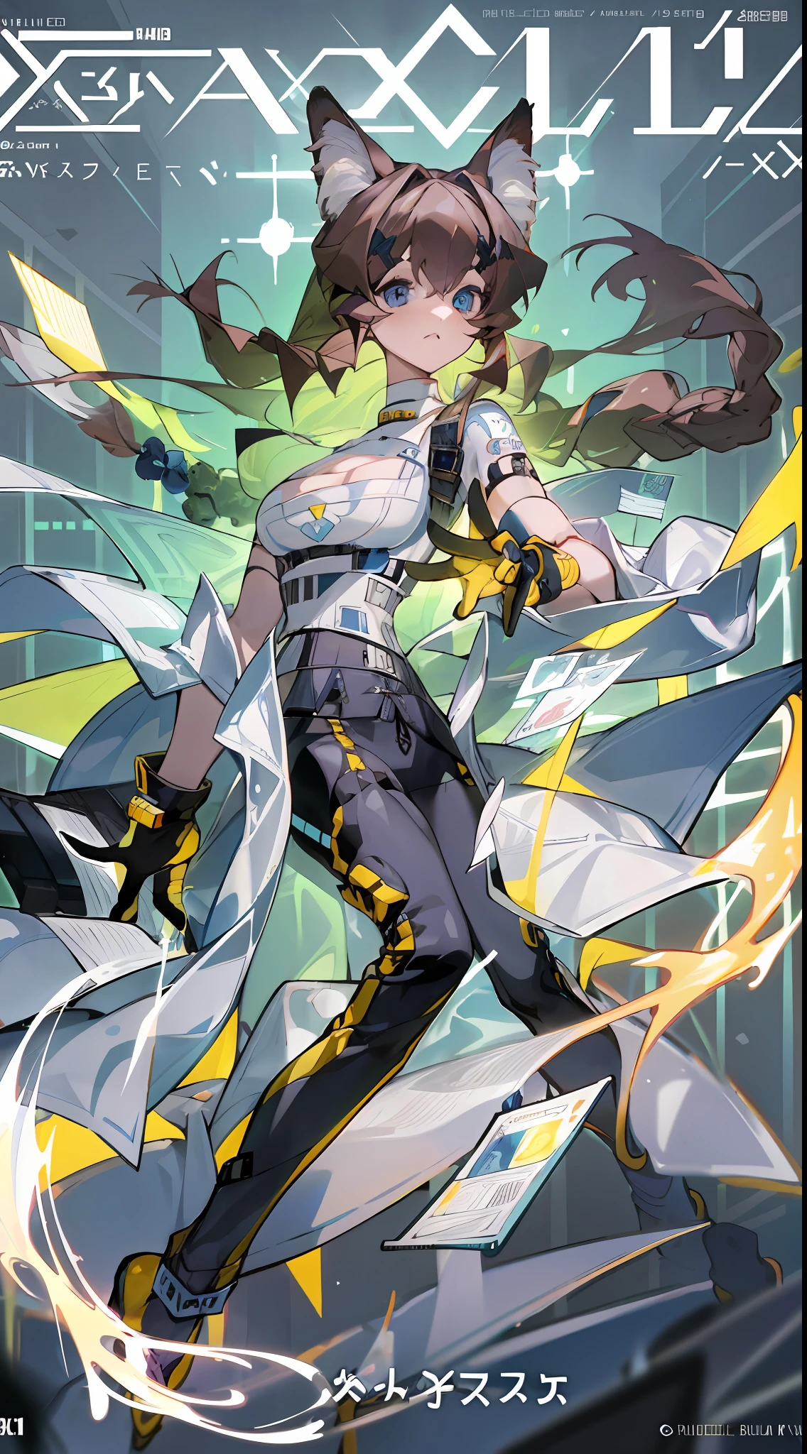 1girl, excellent lighting, sidelighting, (curvy: 1.2), , style GUILTY GEAR -STRIVE perfect(flat color: 1.3), (magazine_cover: 1.4), (multicolored_background: 1.3), striped_background, card_background, mixed-language_text, :: comix style by joe madureira :: , , ultra detailed shirt with abstract design, with Japanese letter print in graffit of the sides of the dress, image of woman fighting with alien creature full of tentacles ,  with immersive effects, hover effect, background graffiti style tribal tattoo with vibrant colors "ultra hdr" detailed and with focus effect, (masterpiece: 1.2, best quality), (beautiful eyes finely detailed: 1.2), , ((Solo)),large breasts (Blue eyes:1.4), (Finely detailed eyes and detailed face :1.3), in various full-body attack poses, (beautiful and clear background: 1.2), futuristic costume, super detailed circular metals Clinging to the arms and pants, fantastic paintings