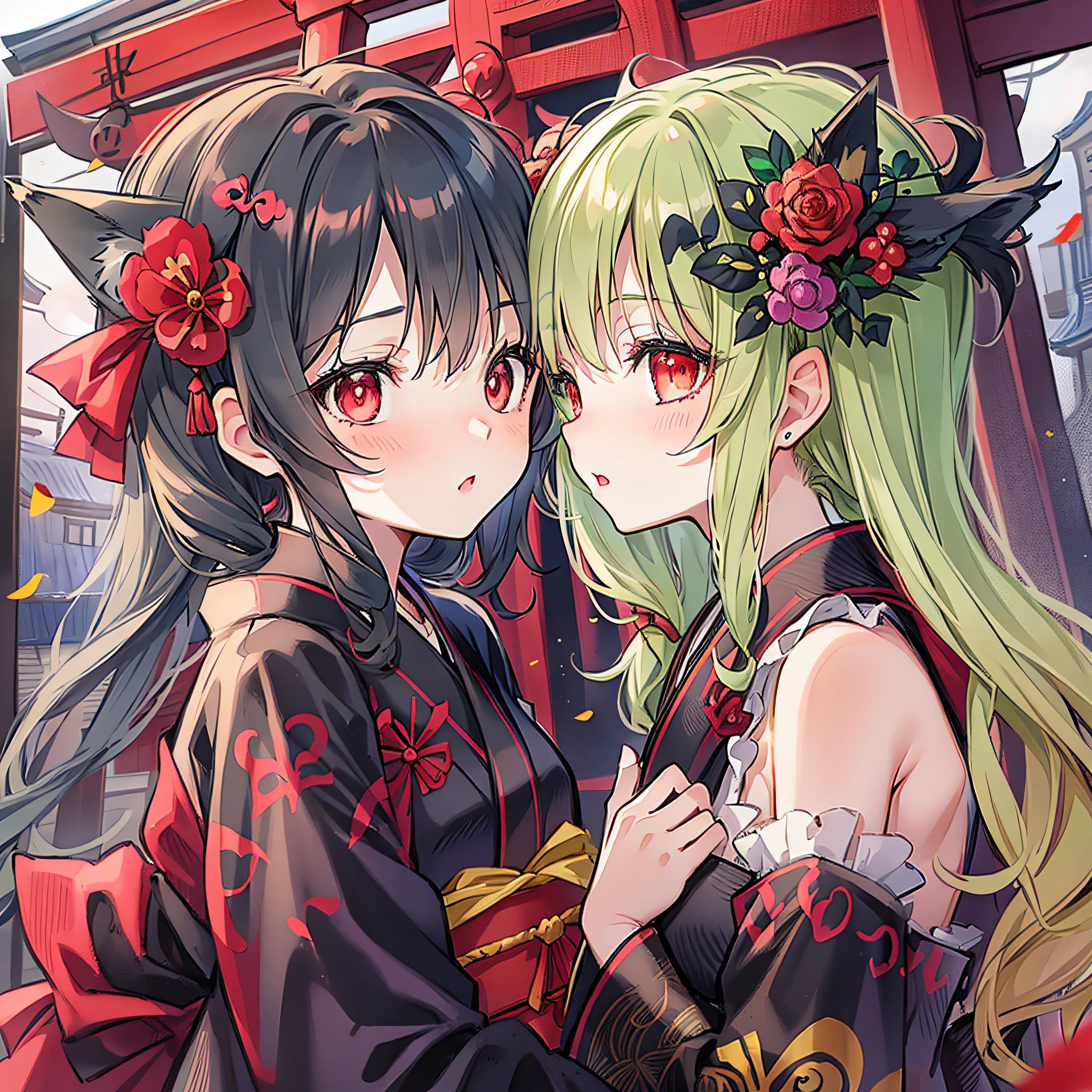 Two loli look at each other and kiss, one brown-haired and red-eyed vampire in a black dress, and the other blonde and green pupil fox girl in a kimono, with a delicate face and a shy expression, with a shrine in the background