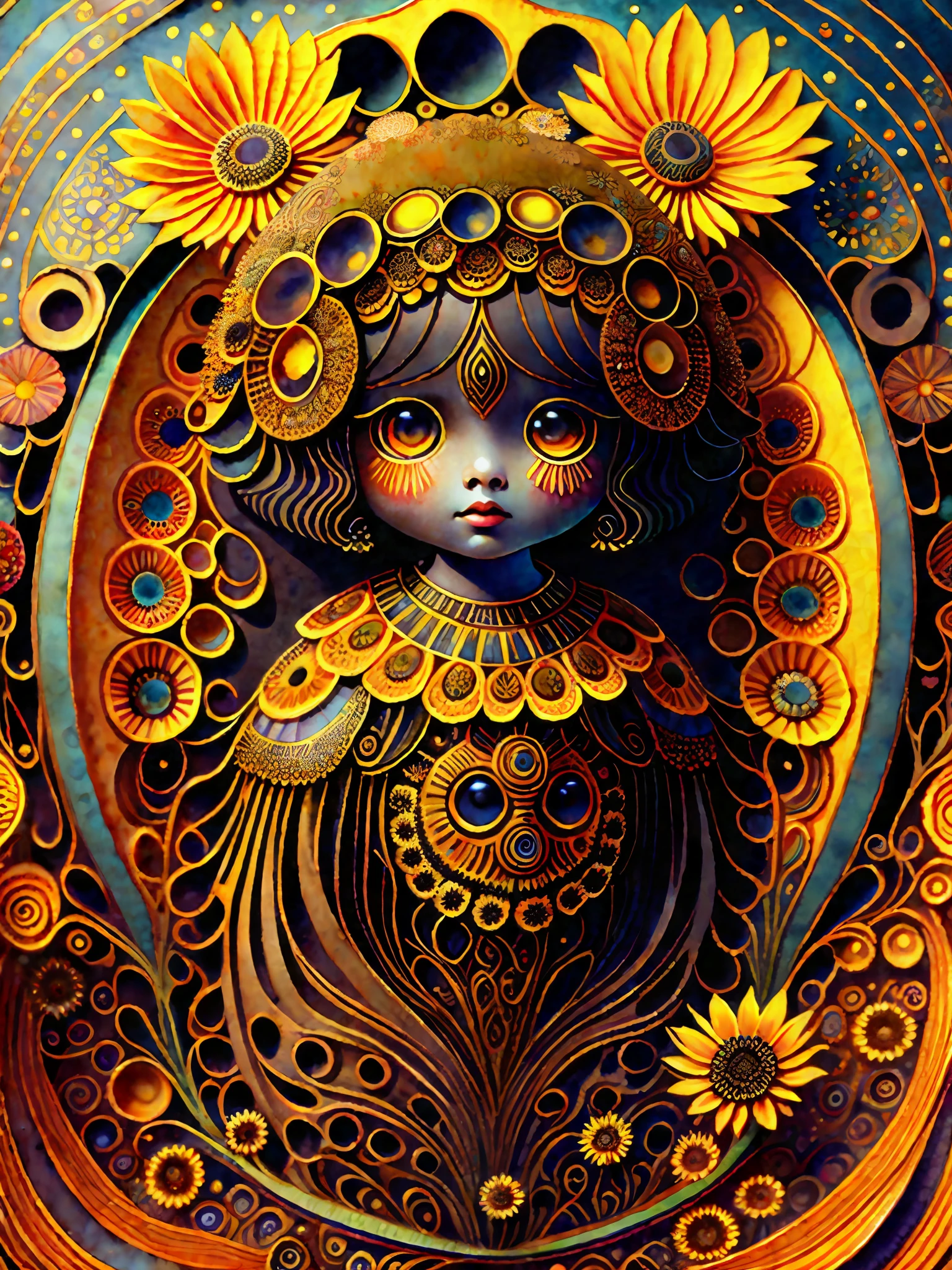 Gorgeous big eyes watercolor sunflower ebony goddess covered in curlycue paisley flowerdesigns, intricate filigreeheaddress highly intricate hyper-detailed landscape illustration painting by Mark Ryden, Keane, Max Ernst, Bosch, Junji Ito, Mucha, maximalism, surrealism, 3d liquid detailing, volumetric lighting, octane render, 16k, storybook, a masterpiece