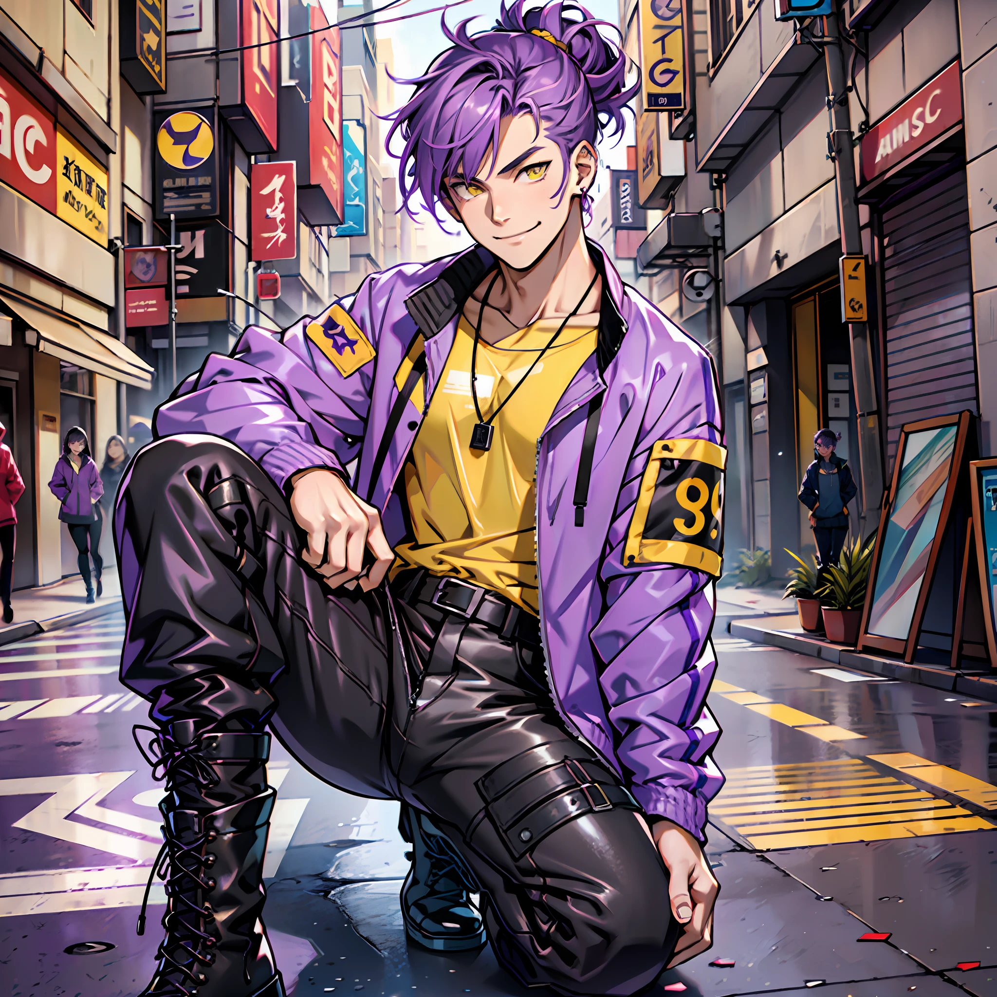 Teenage man, gorgeous, defined body, violet colored hair, short straight hair, hair up to neck height, bangs, yellow colored eyes, purple windbreaker, red blouse under the windbreaker, violin, black military boots, smiling, musical note pendant, black long pants, salon, flying musical notes.