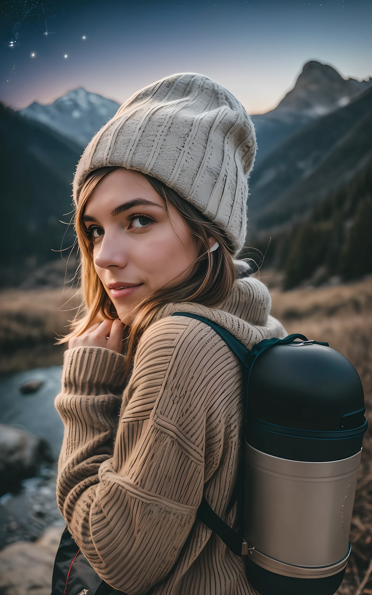 1 woman ((upper body selfie, happy)), masterpiece, best quality, ultra detailed, alone, outdoor, (night), mountains, nature, (stars, moon) cheerful, happy, backpack, sleeping bag, camping stove, water bottle, hiking boots, gloves, sweater, hat, flashlight, forest, rocks, river, wood, smoke, shadows, contrast, clear sky, style (look at viewer: 1.2) (skin texture) (film grain: 1.3), (warm tone, warm tone: 1.2), close-up, cinematic light, side lighting, ultra high resolution, best shadow, RAW, upper body, sweater on
