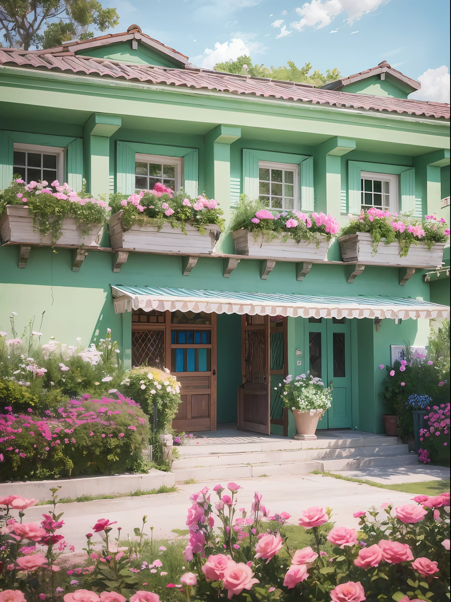 Painting of the exterior of a three-story small western-style building, white walls, light green doors and windows, pink rose flowers, flower vines, anime background art, relaxation concept art, anime landscape concept art, very detailed scenes, beautiful artwork illustrations, highly detailed scenes, environmental design illustrations, beautiful anime scenes, anime scenery, detailed soft painting, environmental painting, bright color scheme, 3D wind --auto --s2