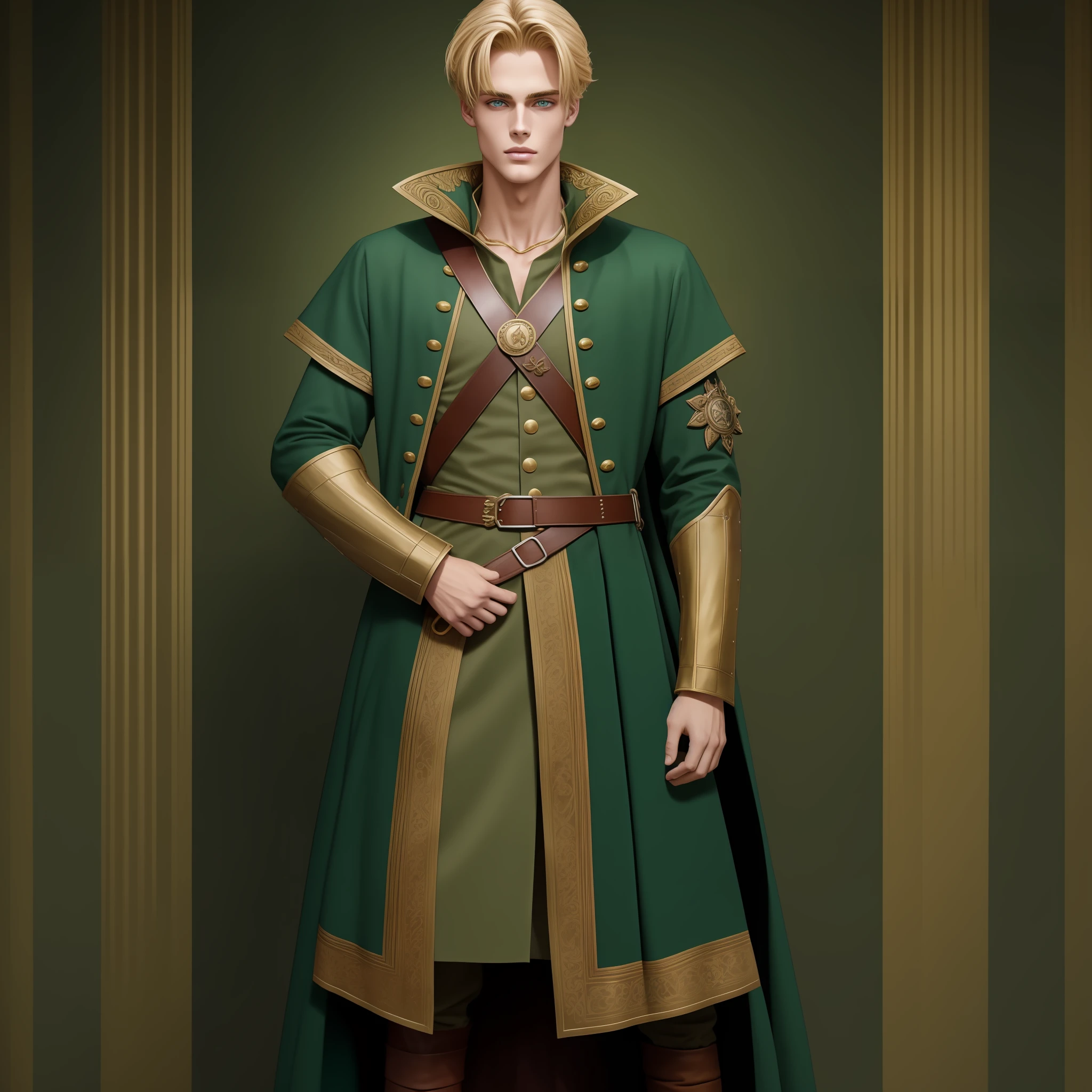 Neels Visser is a prince who has golden blonde hair, wears a moss green medieval military outfit, looking forward with piercing emerald green gaze. full body