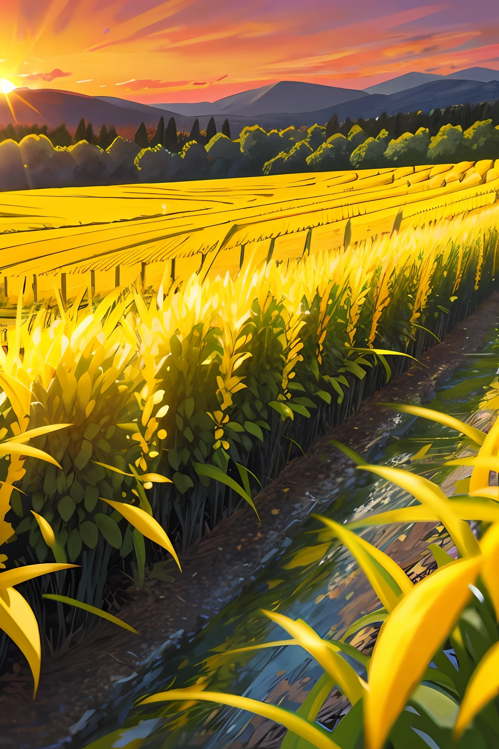 A winery illustration in a rural environment, the overall light yellow color scheme, sunset, sunset, yellow rice fields, stream, super clear picture quality