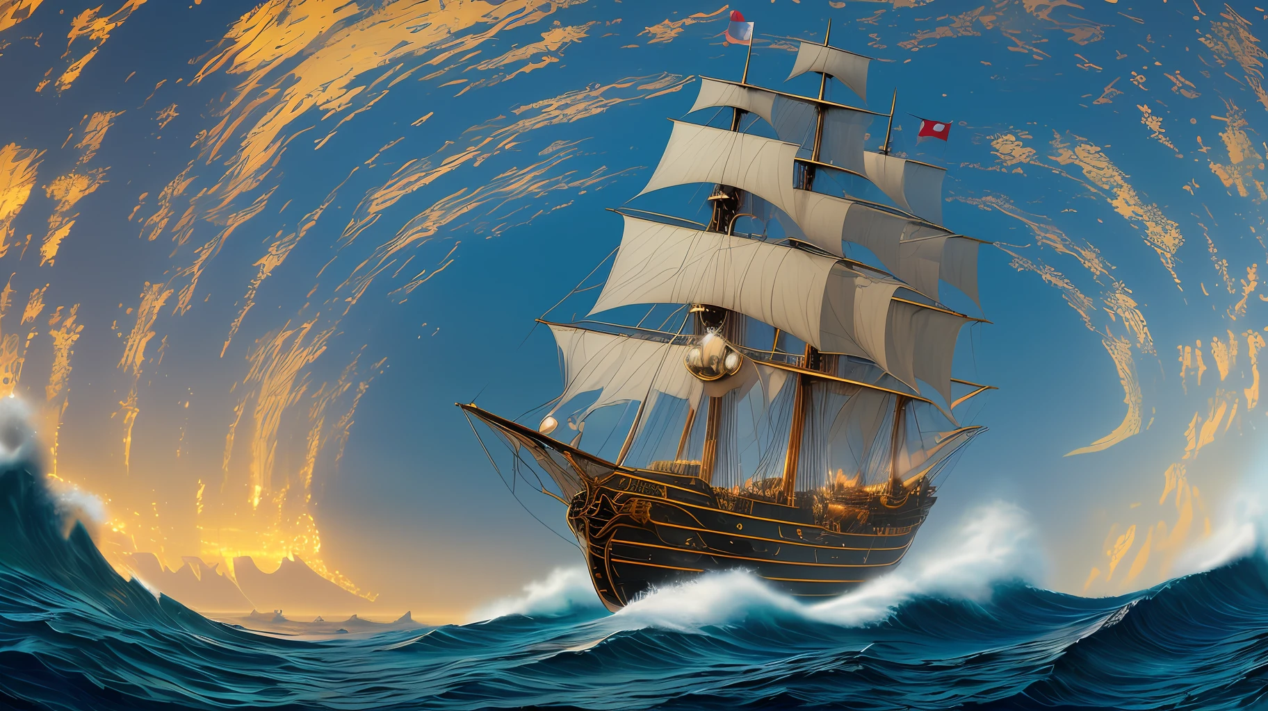 (extremely detailed CG unity 8k wallpaper,masterpiece, best quality),(best illumination, best shadow),(pirate ship),(dynamic angle),(night scene),(ocean),(golden sunset),(ship is in the center of the painting),(metallic finish),(foggy),(volumetric light),(deep ocean),(no characters)