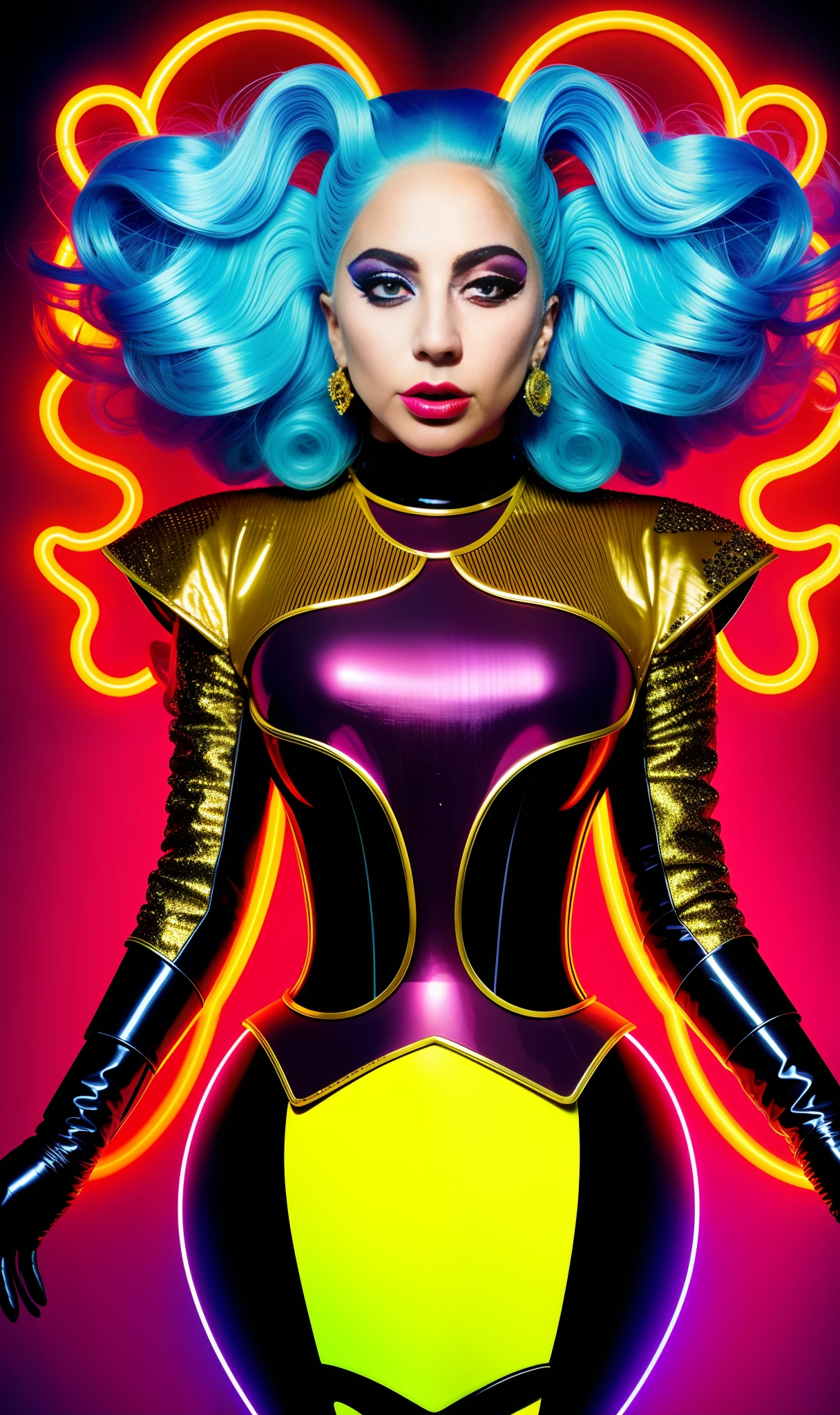 Lady gaga photo, 4K texture, robotic and extravagant dress and strange hairstyle, 8k image, haute couture, flashes, high image quality, neon dress, realistic face, various poses