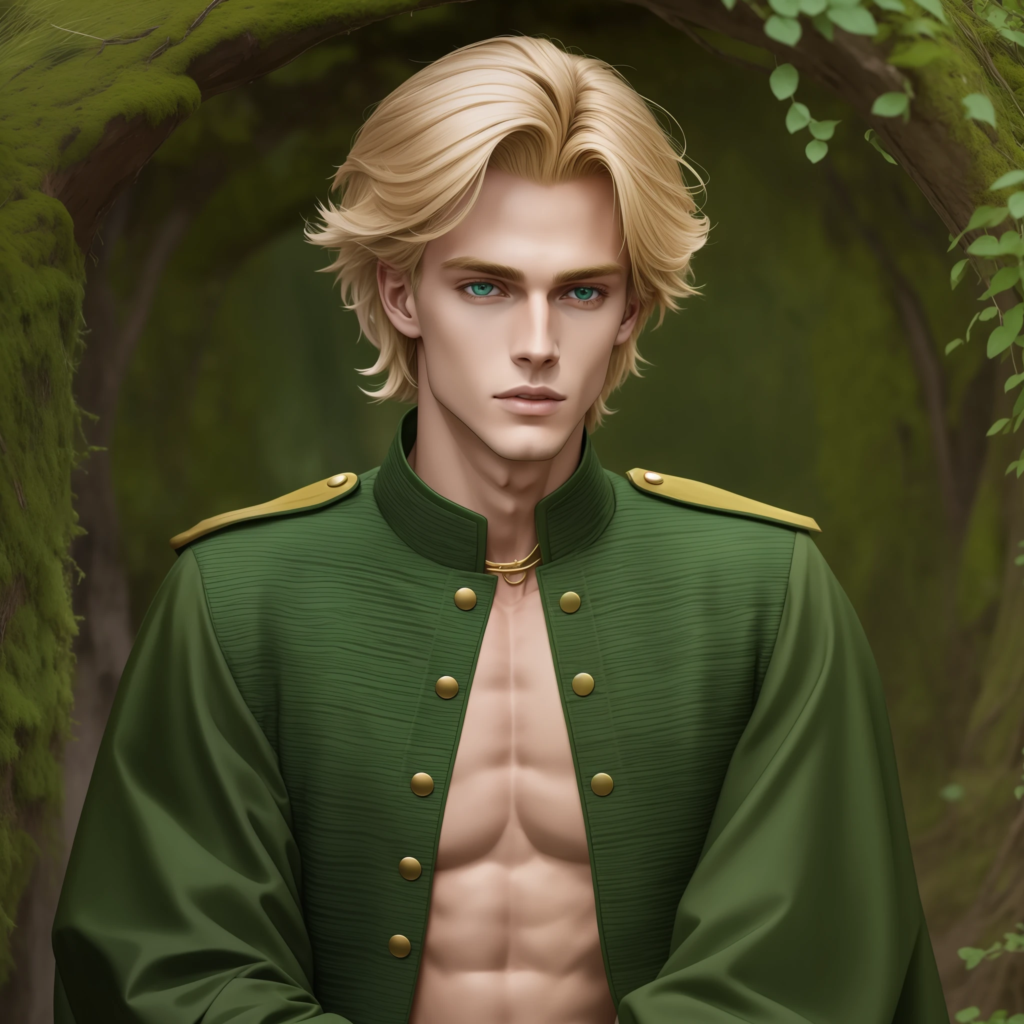 Neels Visser is a prince who has golden blonde hair, wears a moss green medieval military outfit, looking forward with piercing emerald green gaze. full body