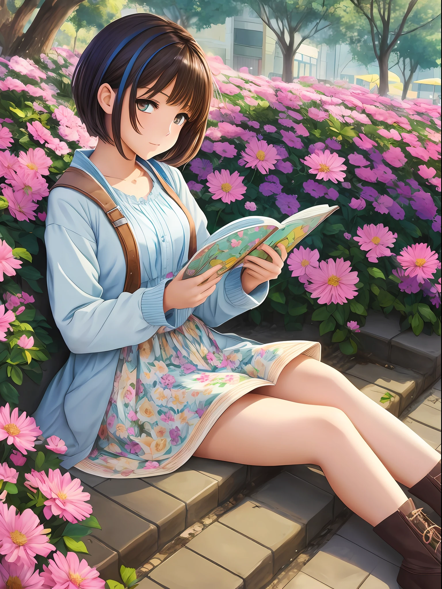 1 anime style girl, brown eyes, short brown hair with blue locks, sitting reading a book in a flowery square, super detailed