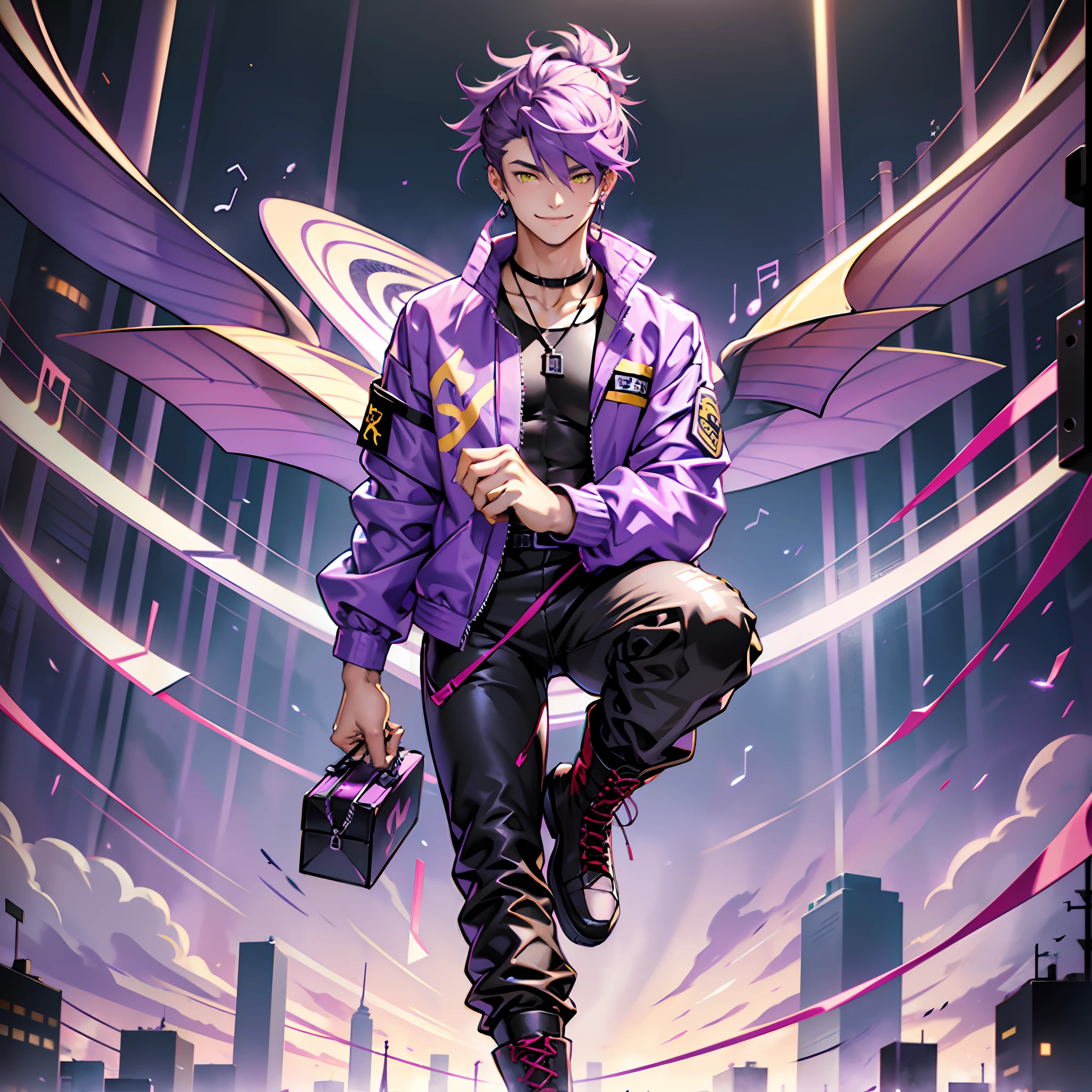 Teenage man, gorgeous, defined body, violet colored hair, short straight hair, hair up to neck height, bangs, yellow colored eyes, purple windbreaker, red blouse under the windbreaker, violin, black military boots, smiling, musical note pendant, black long pants, salon, flying musical notes.