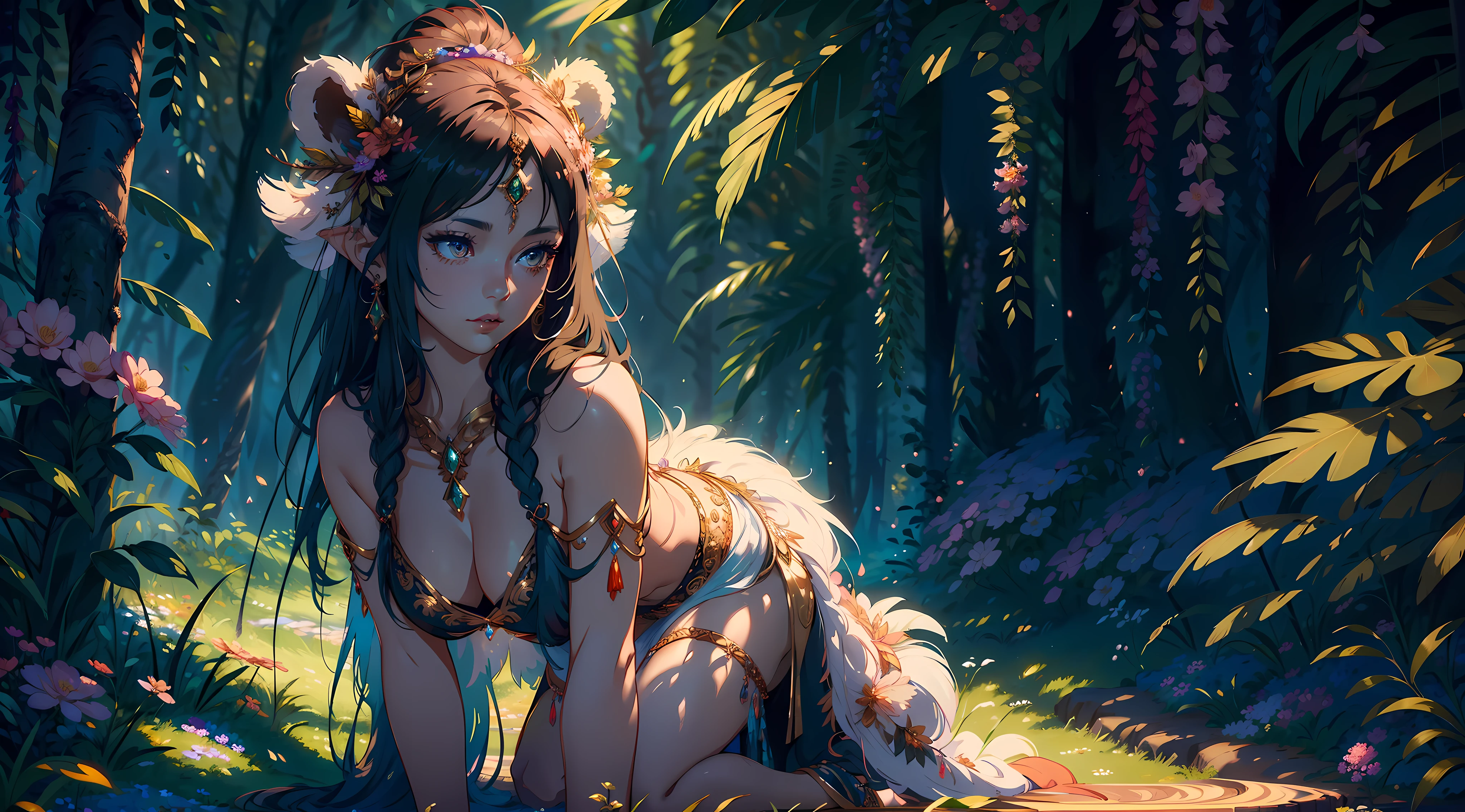 Total focus on a bear woman with feather dress on a divine link in a floral desert in a fanciful and mystical aura and environment with small fairies + close-up full-body showing, pose, cinematic, detailed pretty face, exquisite details, 8k UHD, ultimate brushing, master brushwork, trending on artstation, master drawing, masterpiece